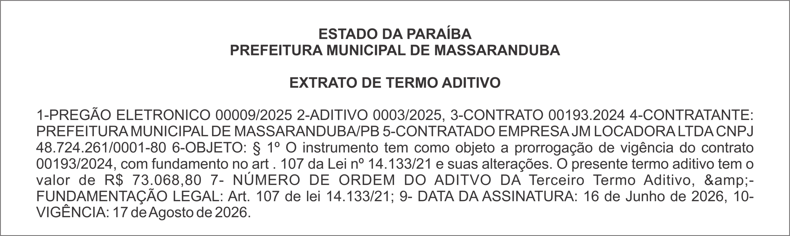 PREFEITURA MUNICIPAL DE MASSARANDUBA – EXTRATO DE TERMO ADITIVO