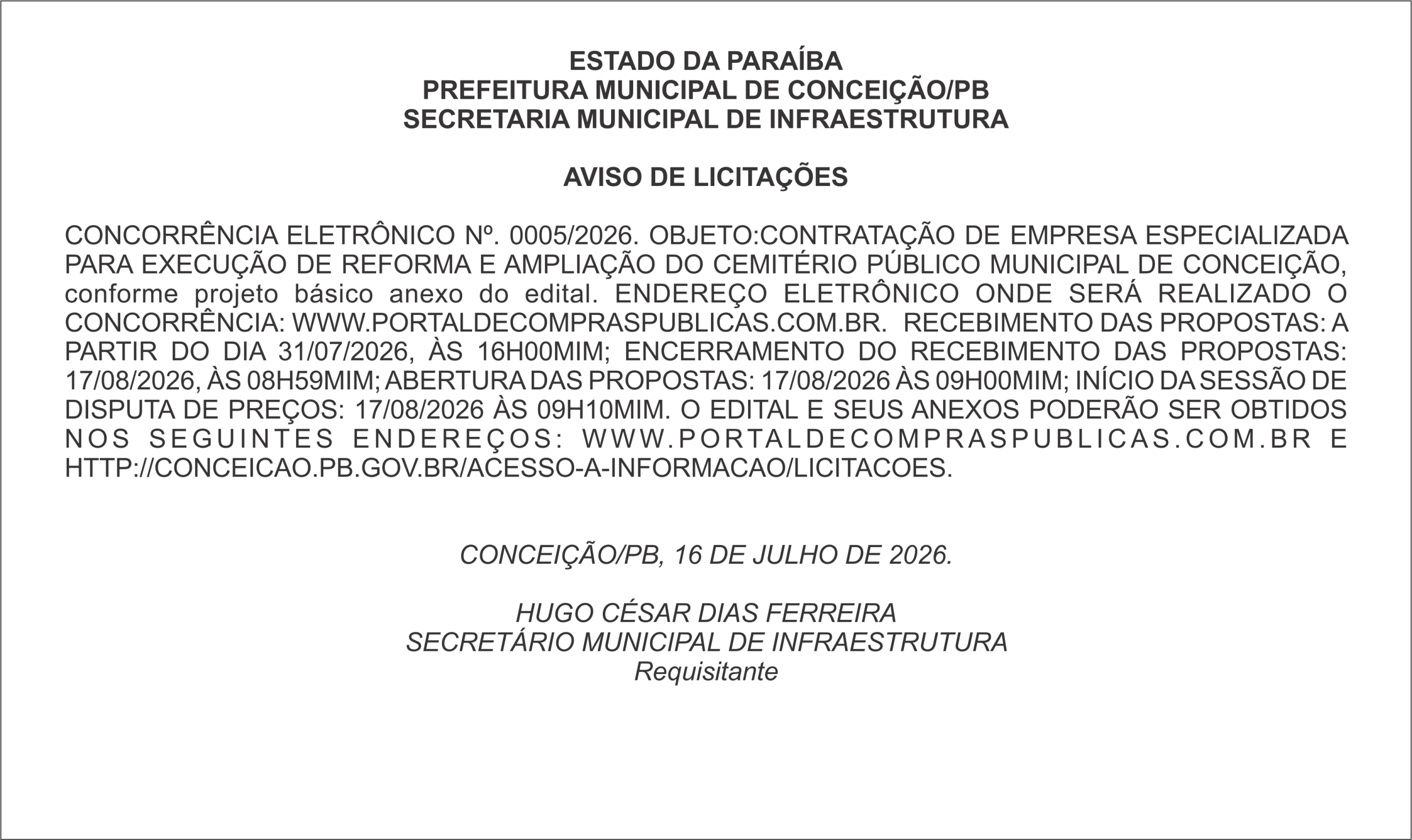 PREFEITURA MUNICIPAL DE CONCEIÇÃO/PB – AVISO DE LICITAÇÕES – CONCORRÊNCIA ELETRÔNICO Nº. 0005/2026