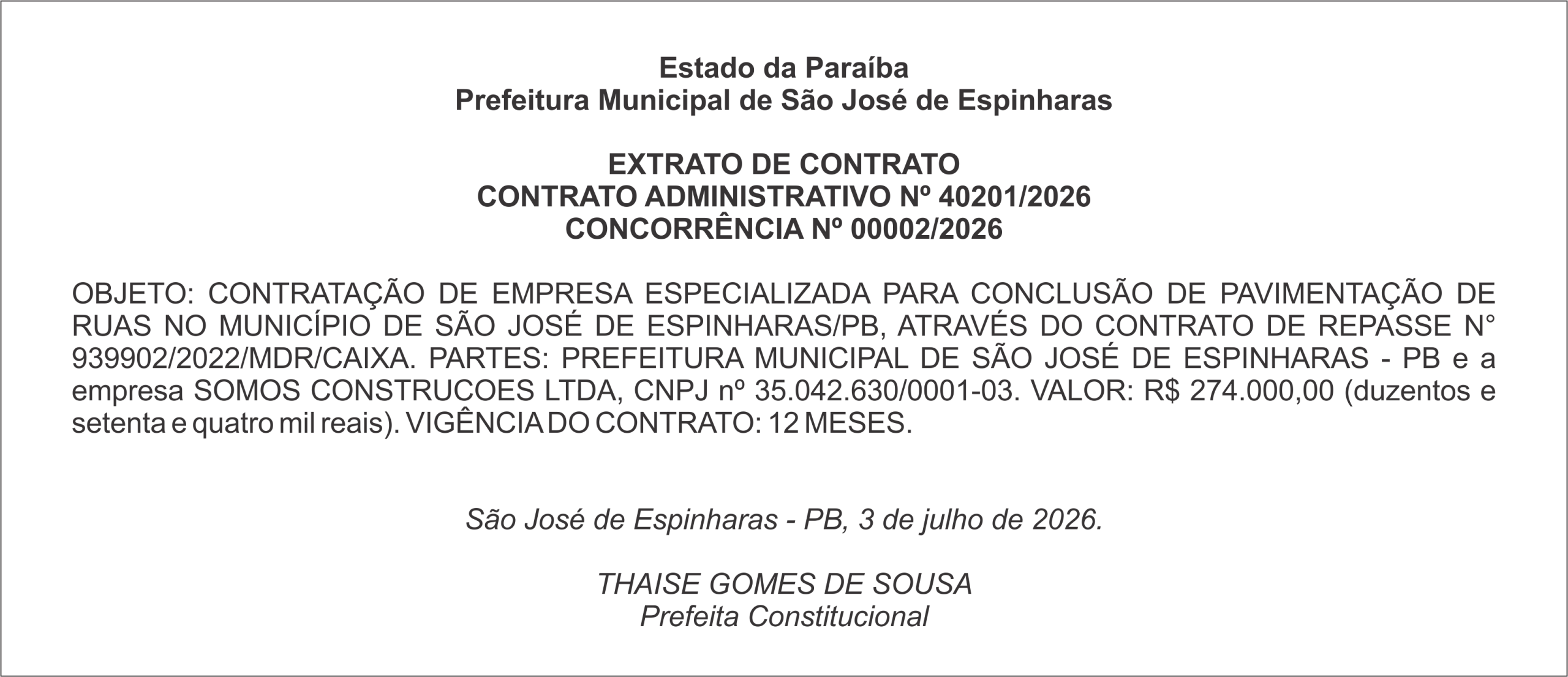 PREFEITURA DE SÃO JOSÉ DE ESPINHARAS – EXTRATO DE CONTRATO CONTRATO ADMINISTRATIVO Nº 40201/2026