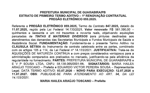 PREFEITURA MUNICIPAL DE GUARABIRA/PB – EXTRATO DE PRIMEIRO TERMO ADITIVO – 1ª RENOVAÇÃO CONTRATUAL – PREGÃO ELETRÔNICO 059.2025.