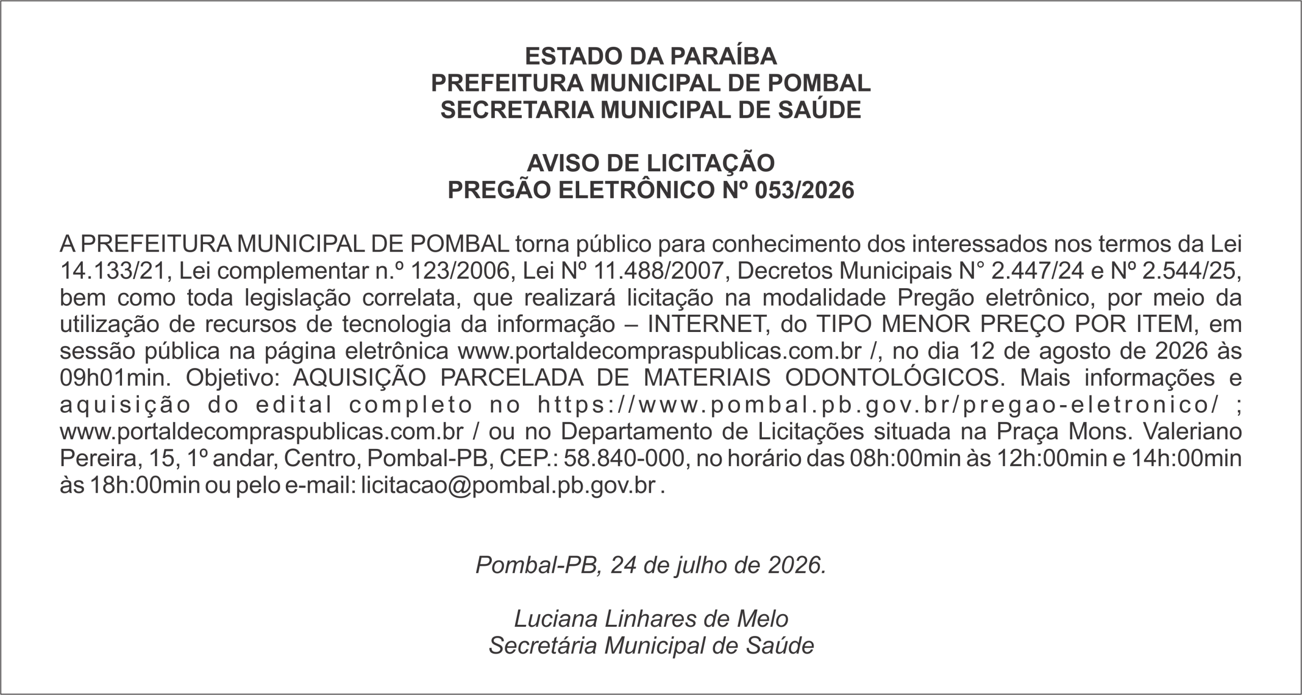 PREFEITURA MUNICIPAL DE POMBAL – AVISO DE LICITAÇÃO – PREGÃO ELETRÔNICO Nº 053/2026