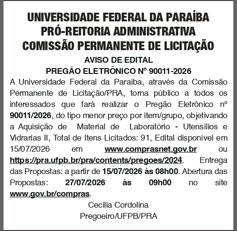 UNIVERSIDADE FEDERAL DA PARAIBA – PREGÃO ELETRÔNICO No 90011-2026