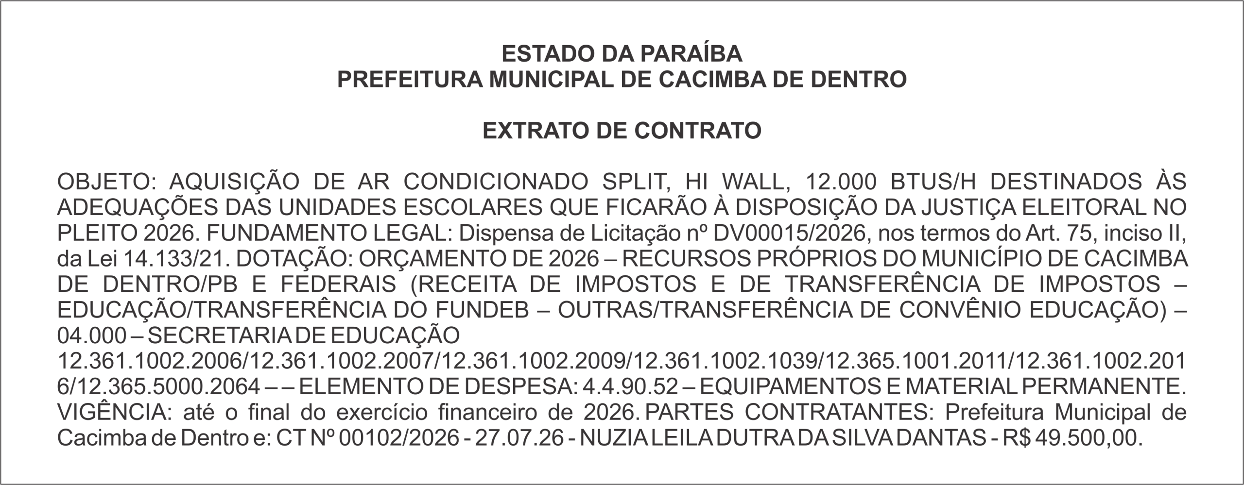 PREFEITURA MUNICIPAL DE CACIMBA DE DENTRO – EXTRATO DE CONTRATO