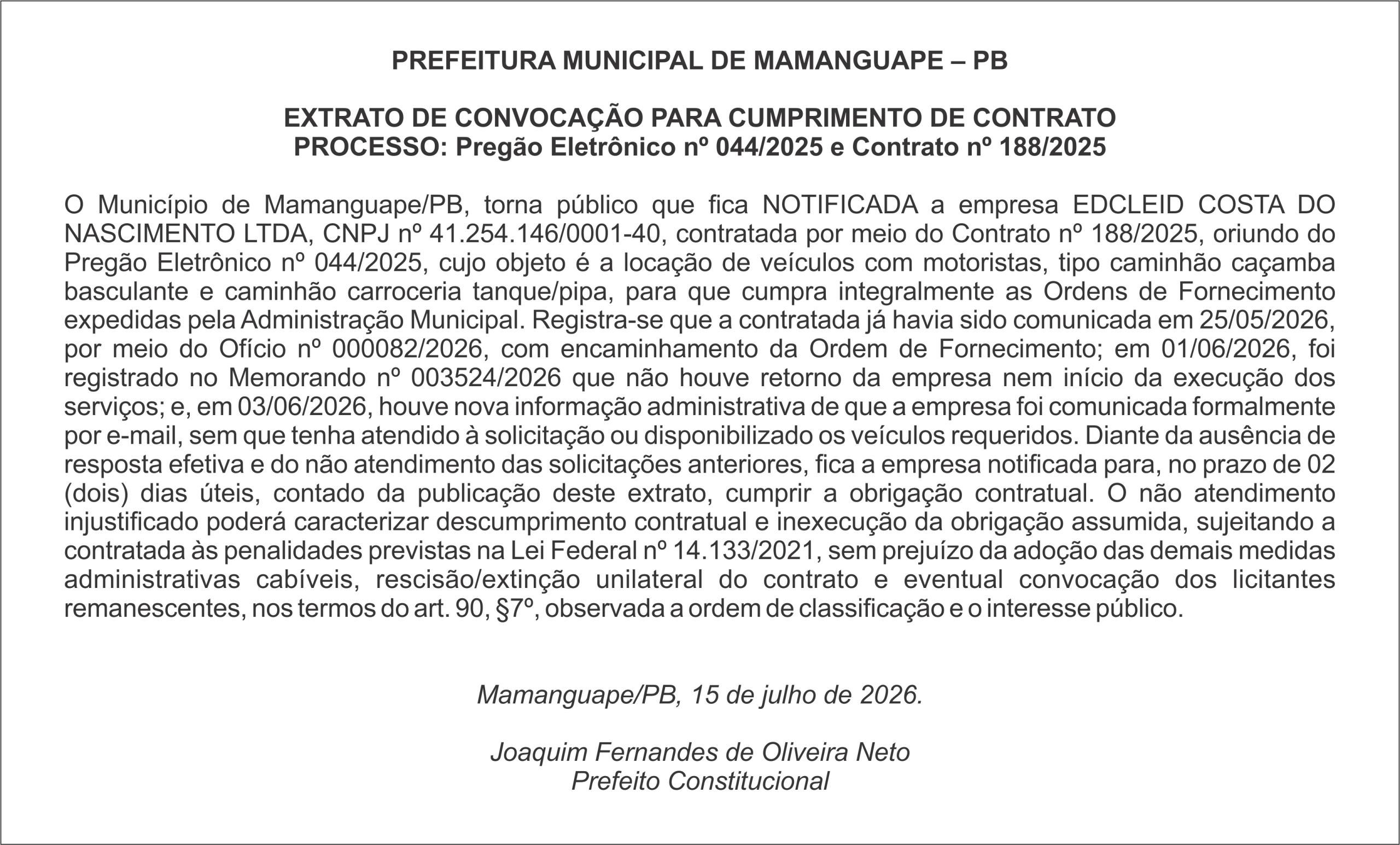 PREFEITURA MUNICIPAL DE MAMANGUAPE – EXTRATO DE CONVOCAÇÃO PARA CUMPRIMENTO DE CONTRATO – PROCESSO: Pregão Eletrônico nº 044/2025 – Contrato nº 188/2025