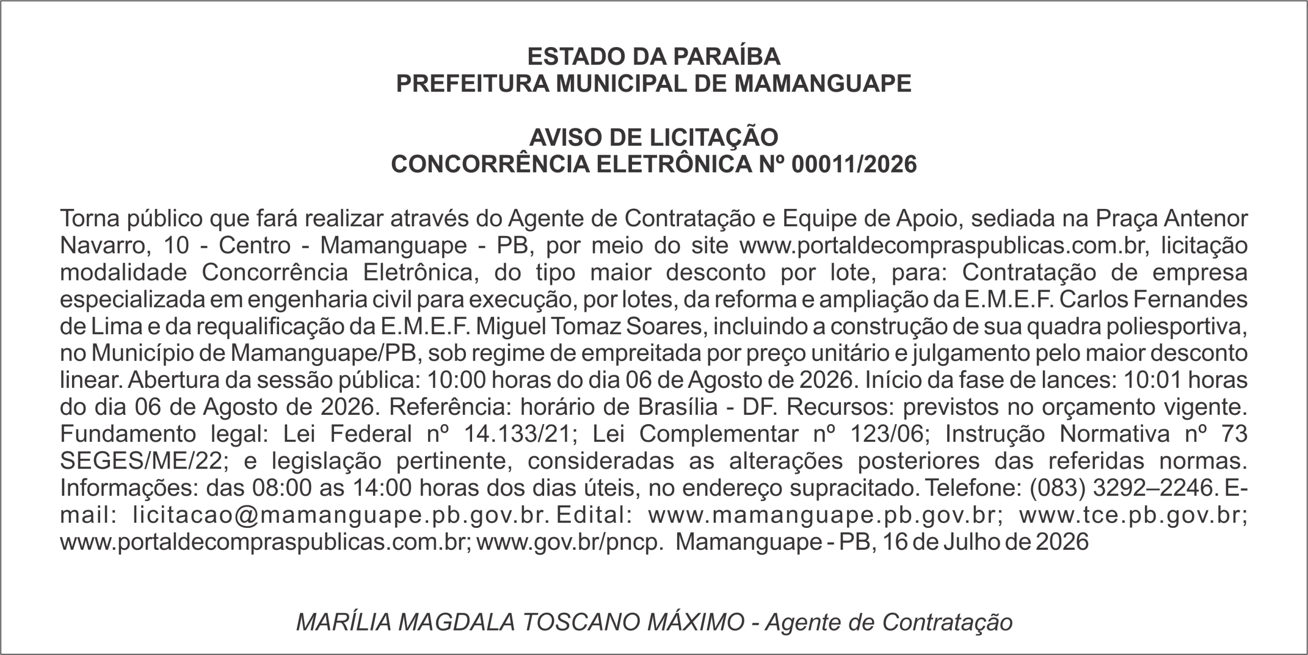 PREFEITURA MUNICIPAL DE MAMANGUAPE – AVISO DE LICITAÇÃO – CONCORRÊNCIA ELETRÔNICA Nº 00011/2026