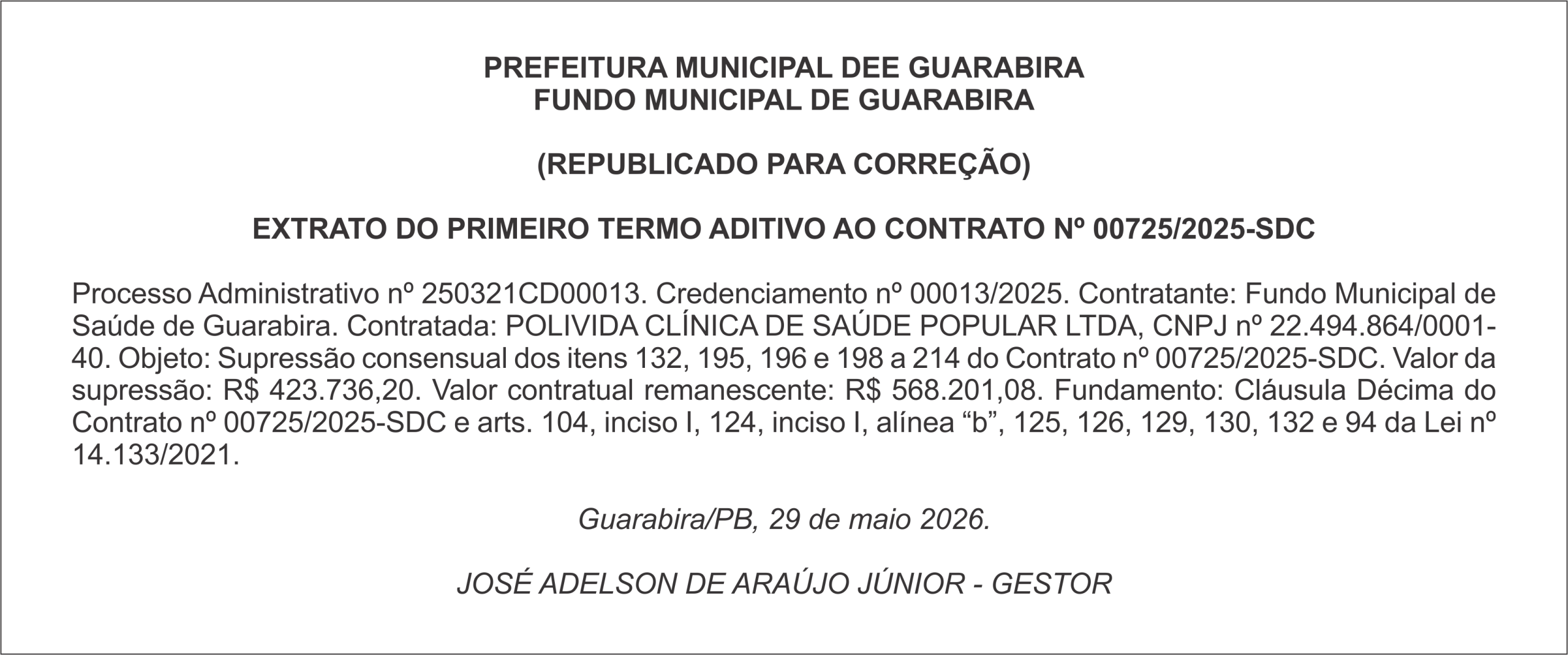 PREFEITURA MUNICIPAL DEE GUARABIRA -FUNDO MUNICIPAL DE GUARABIRA (REPUBLICADO PARA CORREÇÃO)