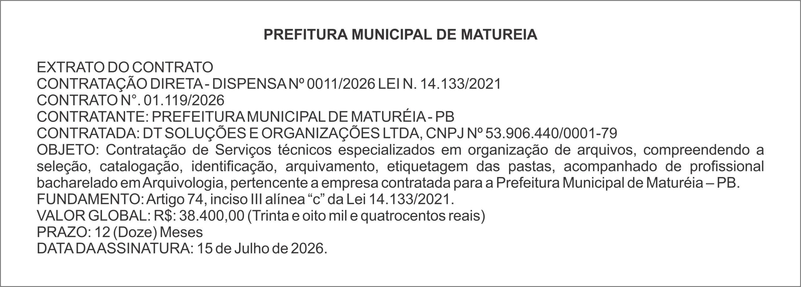 PREFITURA MUNICIPAL DE MATUREIA – EXTRATO DO CONTRATO