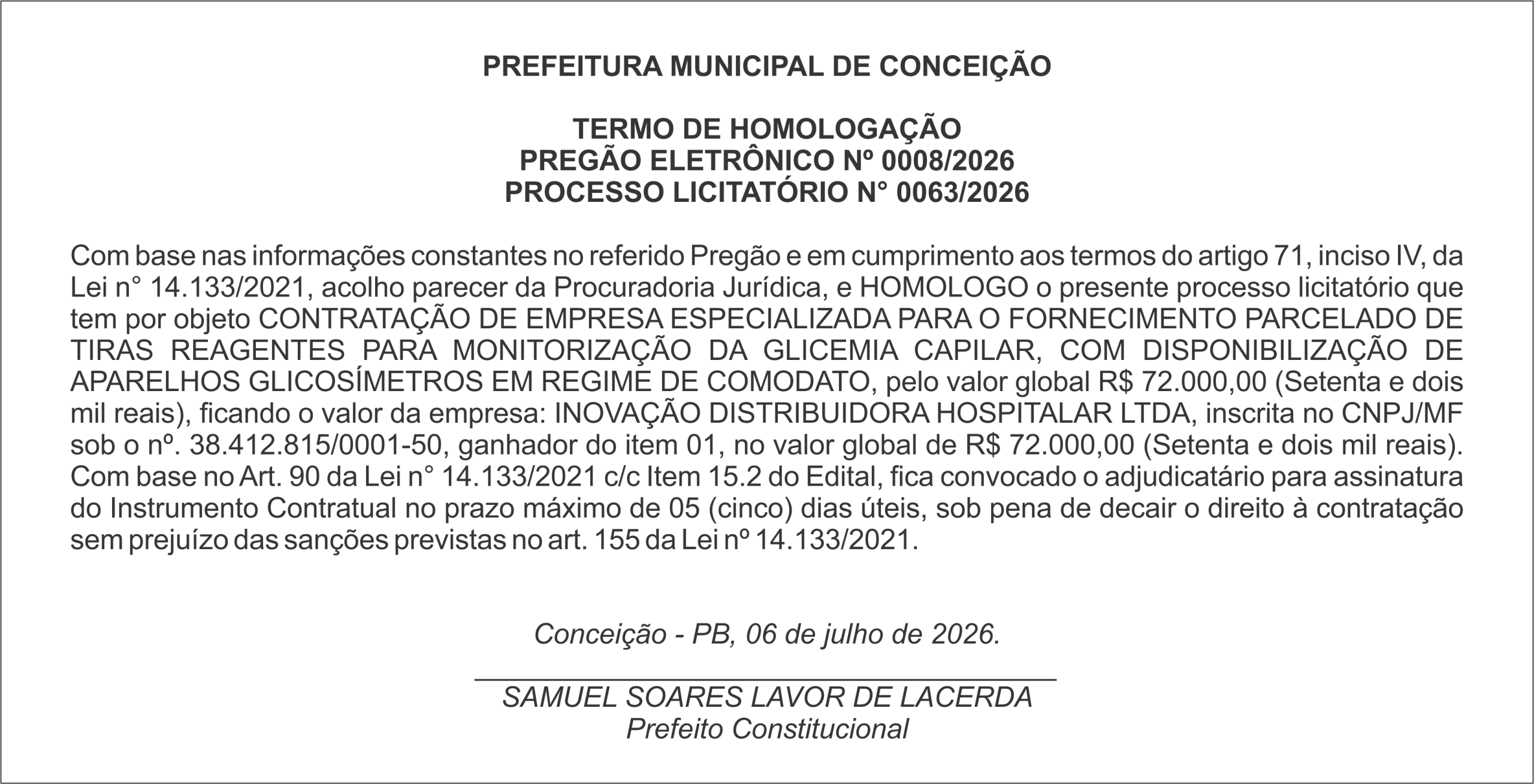 PREFEITURA MUNICIPAL DE CONCEIÇÃO – TERMO DE HOMOLOGAÇÃO – PREGÃO ELETRÔNICO Nº 0008/2026