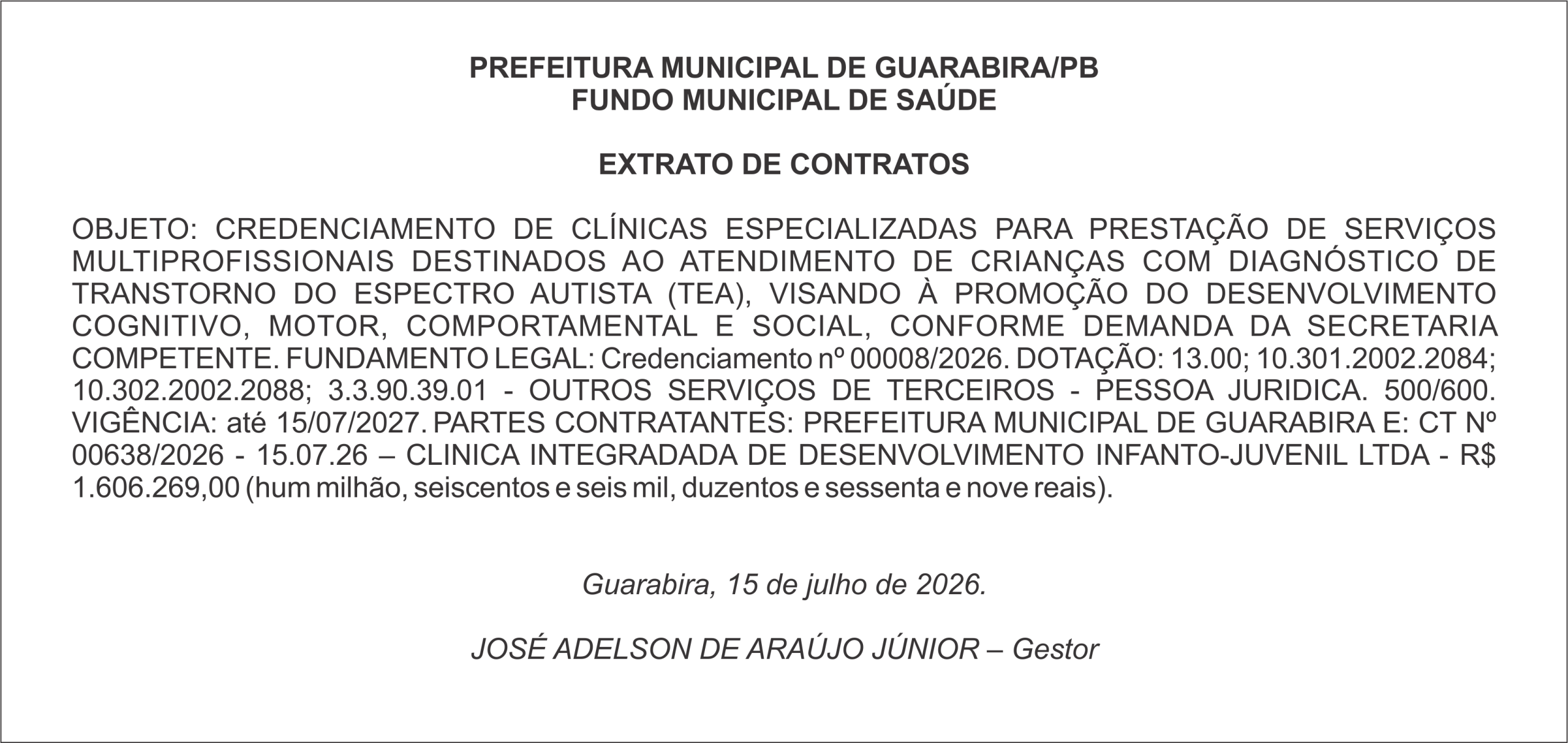 PREFEITURA MUNICIPAL DE GUARABIRA/PB – FUNDO MUNICIPAL DE SAÚDE – EXTRATO DE CONTRATOS