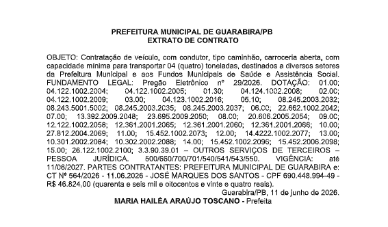 PREFEITURA MUNICIPAL DE GUARABIRA/PB – EXTRATO DE CONTRATO