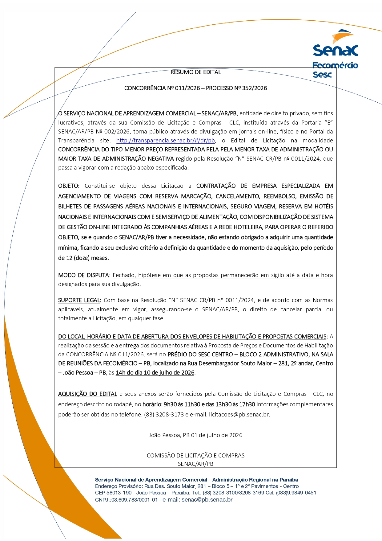 SENAC – RESUMO DE EDITAL – CONCORRÊNCIA No 011/2026 – PROCESSO No 352/2026