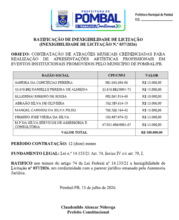 PREFEITURA MUNICIPAL DE POMBAL – RATIFICAÇÃO DE INEXIGIBILIDADE DE LICITAÇÃO (INEXIGIBILIDADE DE LICITAÇÃO N.º 037/2026)