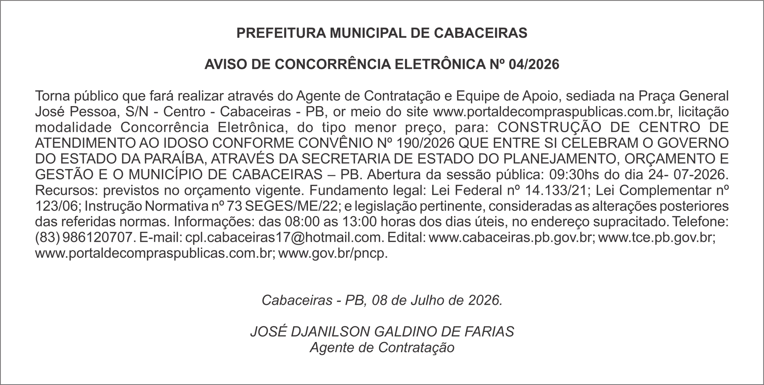 PREFEITURA MUNICIPAL DE CABACEIRAS – AVISO DE CONCORRÊNCIA ELETRÔNICA Nº 04/2026