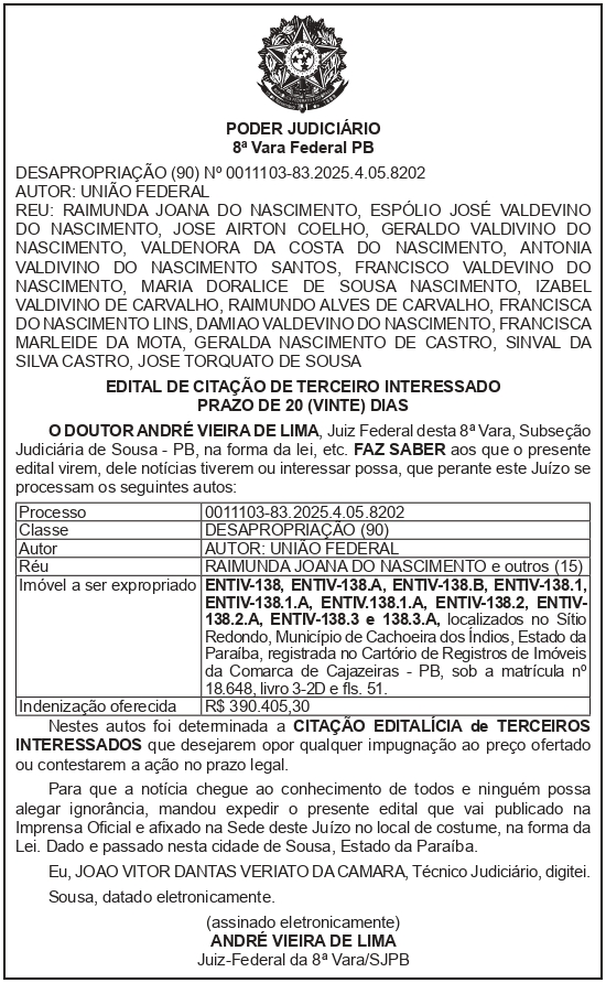 SECRETARIA NACIONAL DE SEGURANÇA HIDRICA – SNSH – MDR – DF – BRASÍLIA –Edital de Citação de Terceiro Interessado – ENTIV-138; 138.A; 138.B; 138.1; 138.1.A; 138.2; 138.2.A; 138.3; 138.3.A (RAIMUNDA JOANA DO NASCIMENTO)