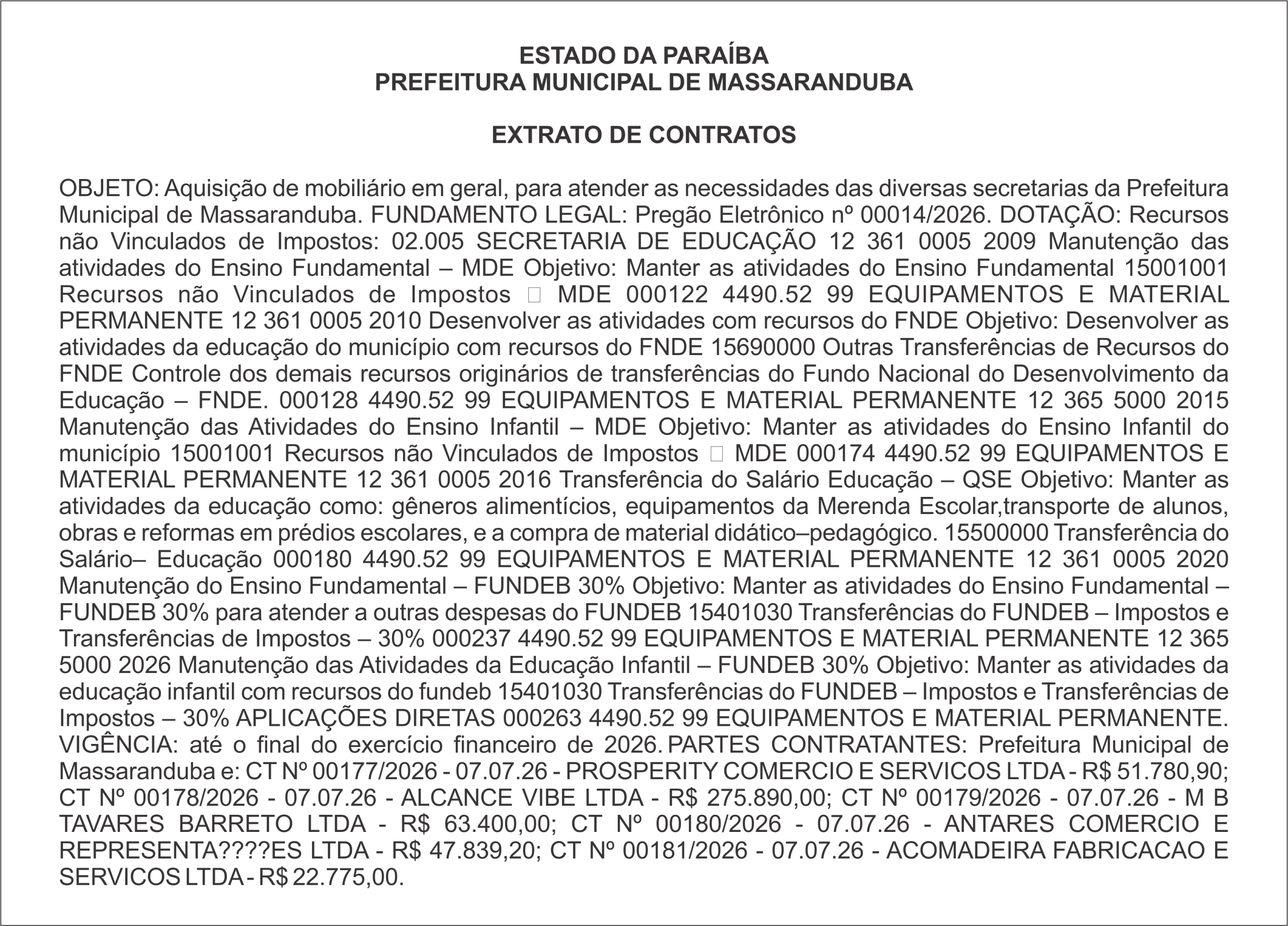 PREFEITURA MUNICIPAL DE MASSARANDUBA – EXTRATO DE CONTRATOS