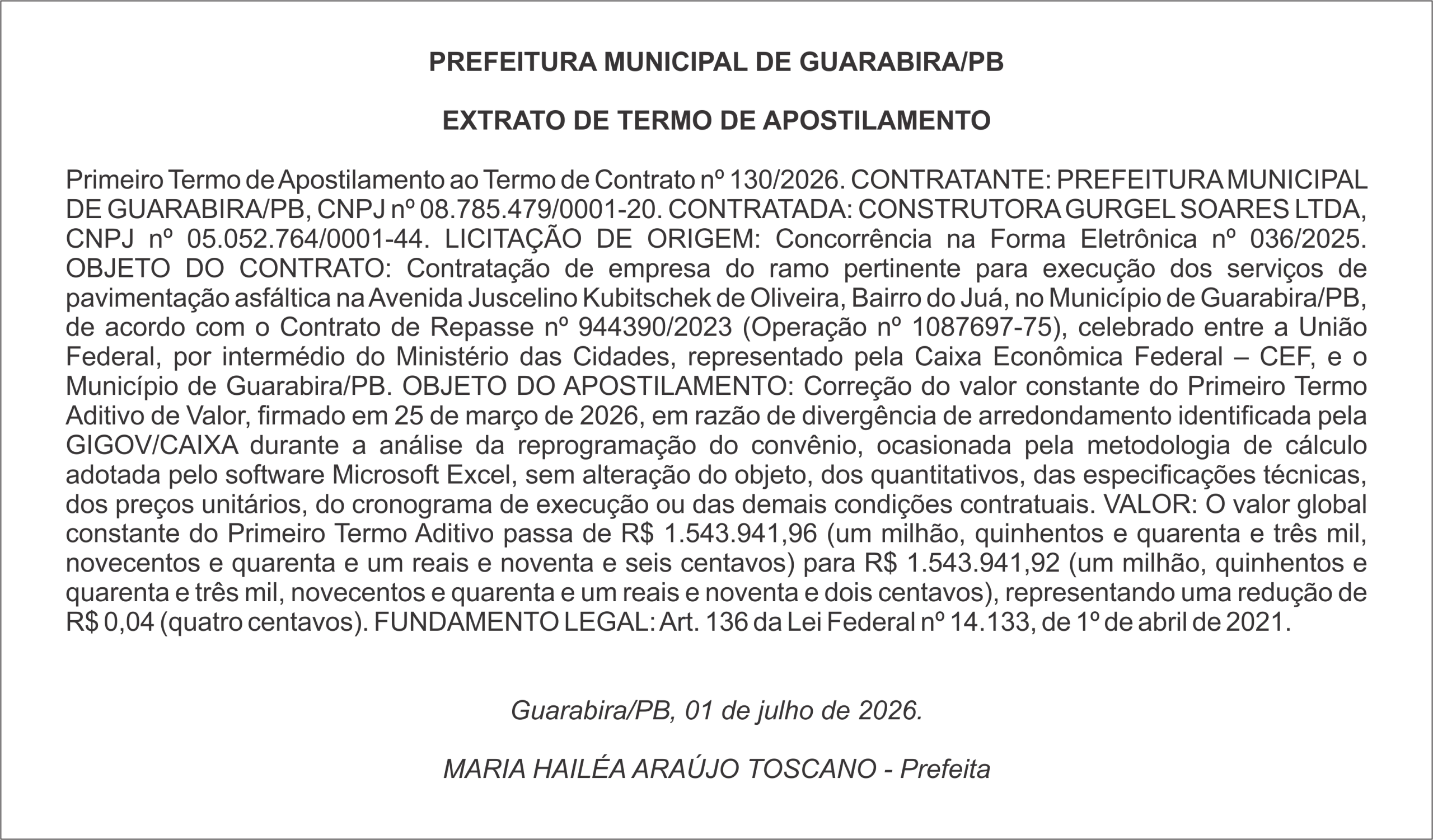 PREFEITURA MUNICIPAL DE GUARABIRA/PB – EXTRATO DE TERMO DE APOSTILAMENTO