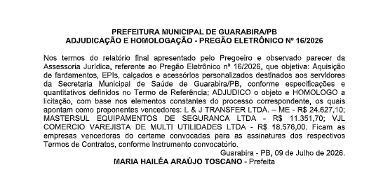 PREFEITURA MUNICIPAL DE GUARABIRA/PB – ADJUDICAÇÃO E HOMOLOGAÇÃO – PREGÃO ELETRÔNICO Nº 16/2026