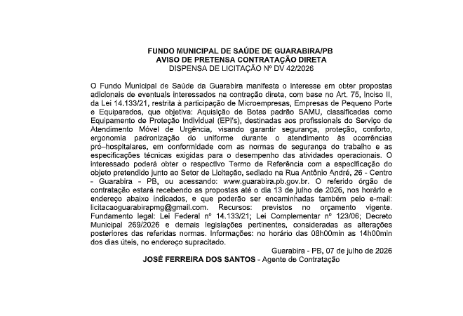 FUNDO MUNICIPAL DE SAÚDE DE GUARABIRA/PB – AVISO DE PRETENSA CONTRATAÇÃO DIRETA DISPENSA DE LICITAÇÃO Nº DV 42/2026
