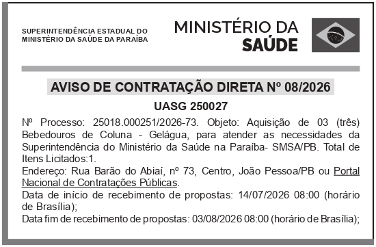 SEMS – PB – JOÃO PESSOA – Dispensa de Licitação n° 08/2026 – Bebedouro