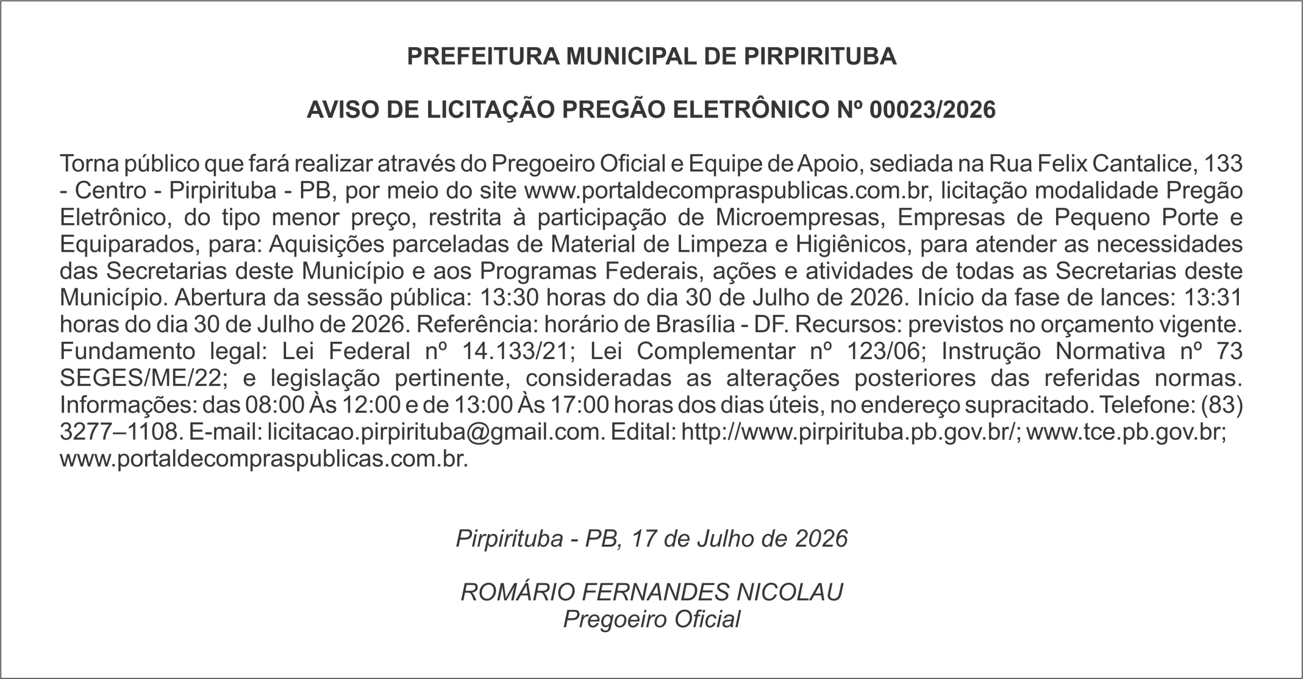 PREFEITURA MUNICIPAL DE PIRPIRITUBA  AVISO DE LICITAÇÃO PREGÃO ELETRÔNICO Nº 00023/2026