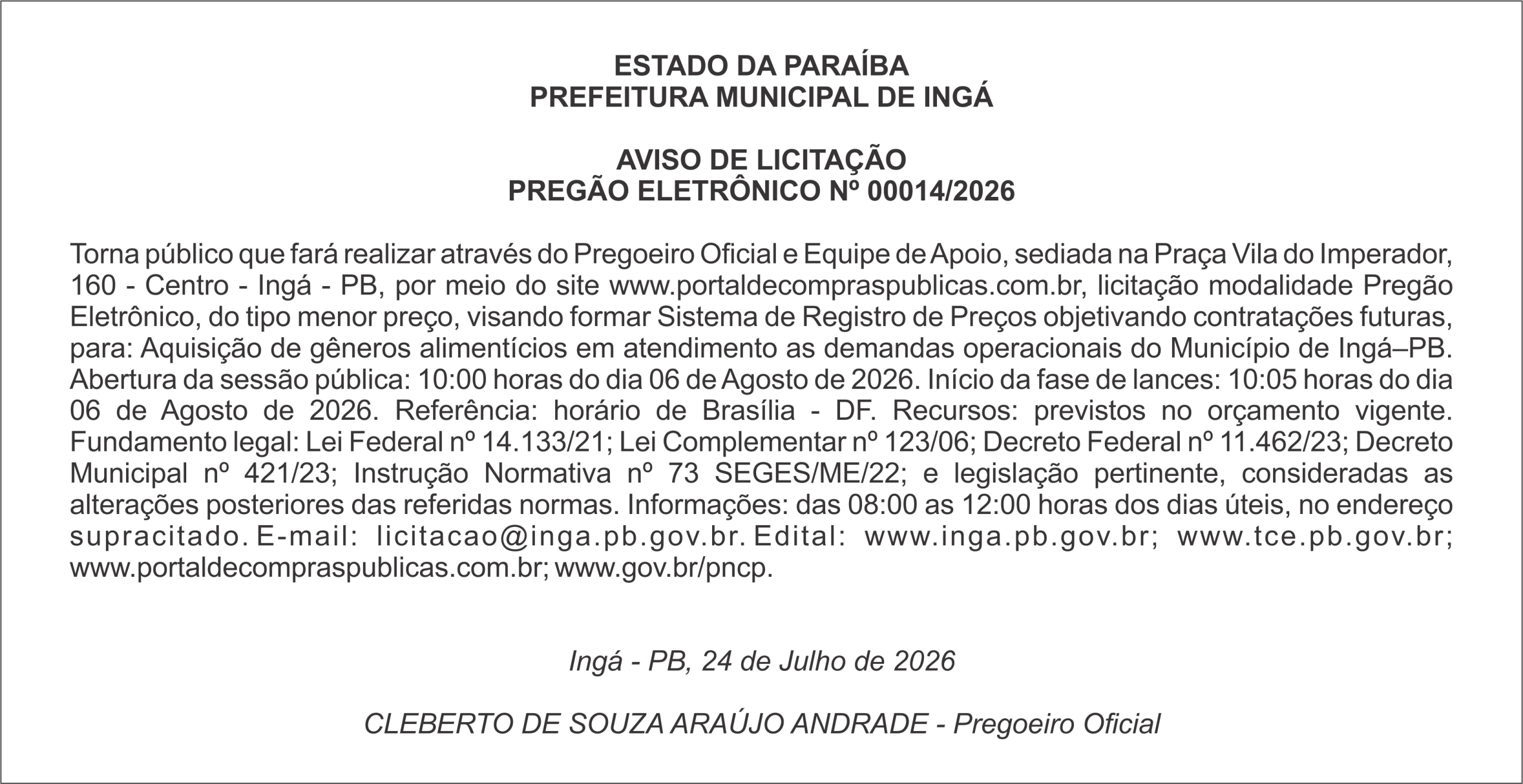 PREFEITURA MUNICIPAL DE INGÁ – AVISO DE LICITAÇÃO PREGÃO ELETRÔNICO Nº 00014/2026