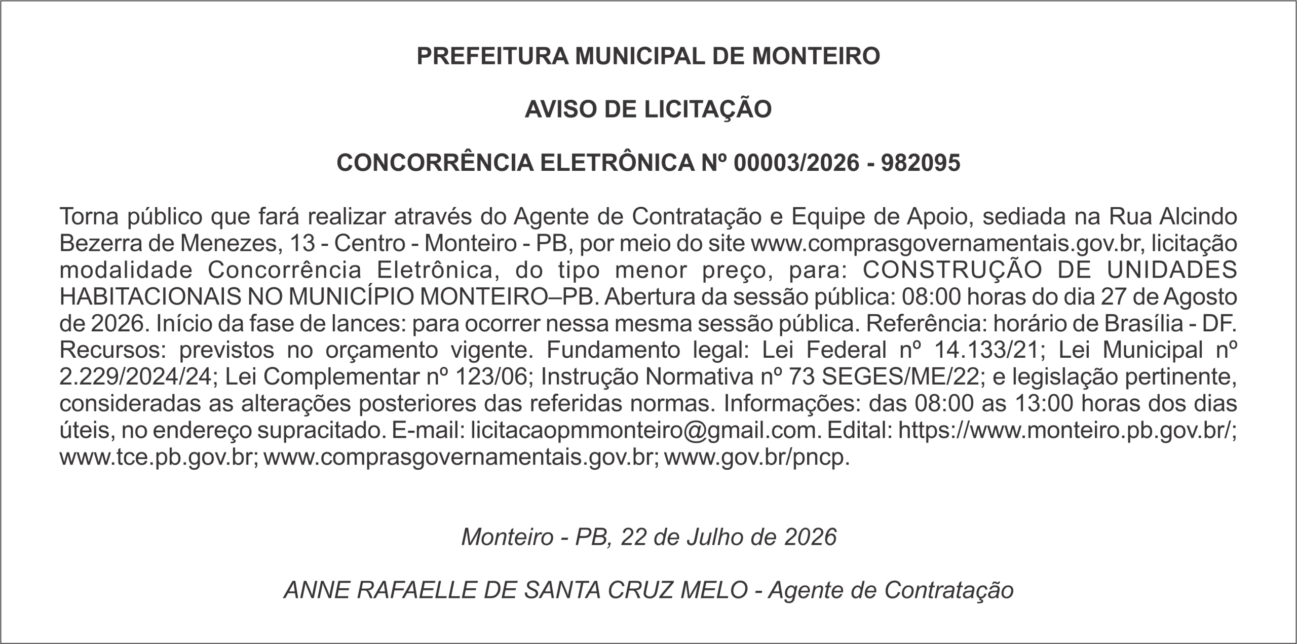 PREFEITURA MUNICIPAL DE MONTEIRO – AVISO DE LICITAÇÃO  CONCORRÊNCIA ELETRÔNICA Nº 00003/2026 – 982095