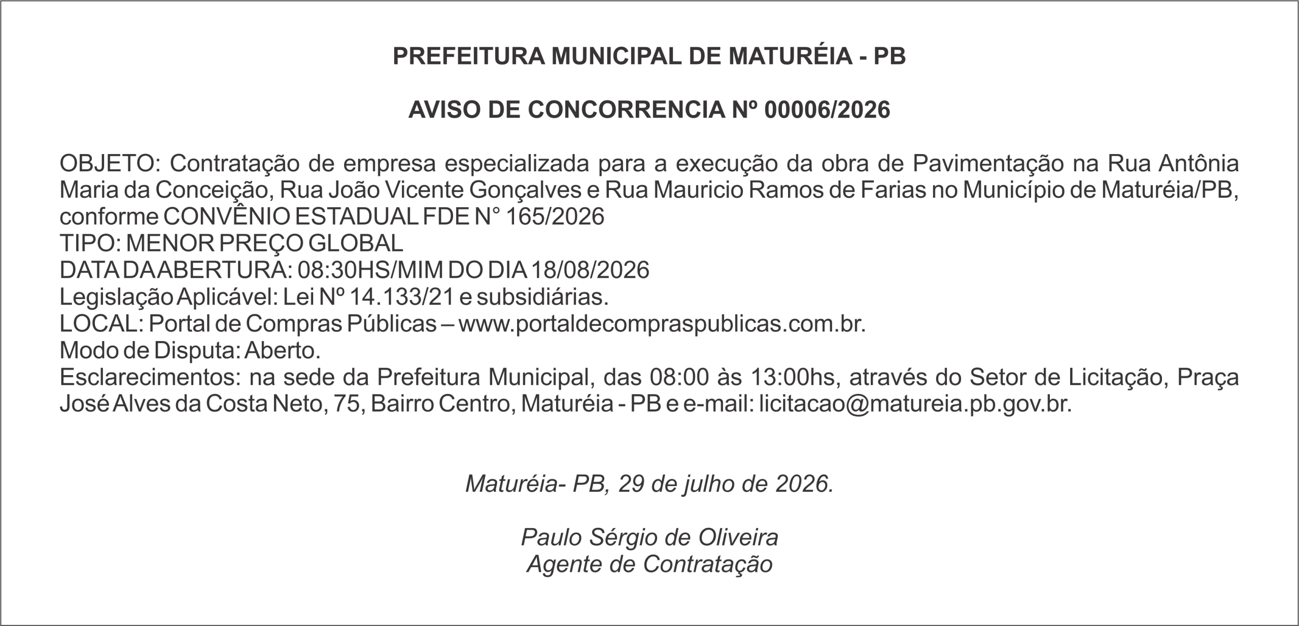 PREFEITURA MUNICIPAL DE MATURÉIA – PB – AVISO DE CONCORRENCIA Nº 00006/2026
