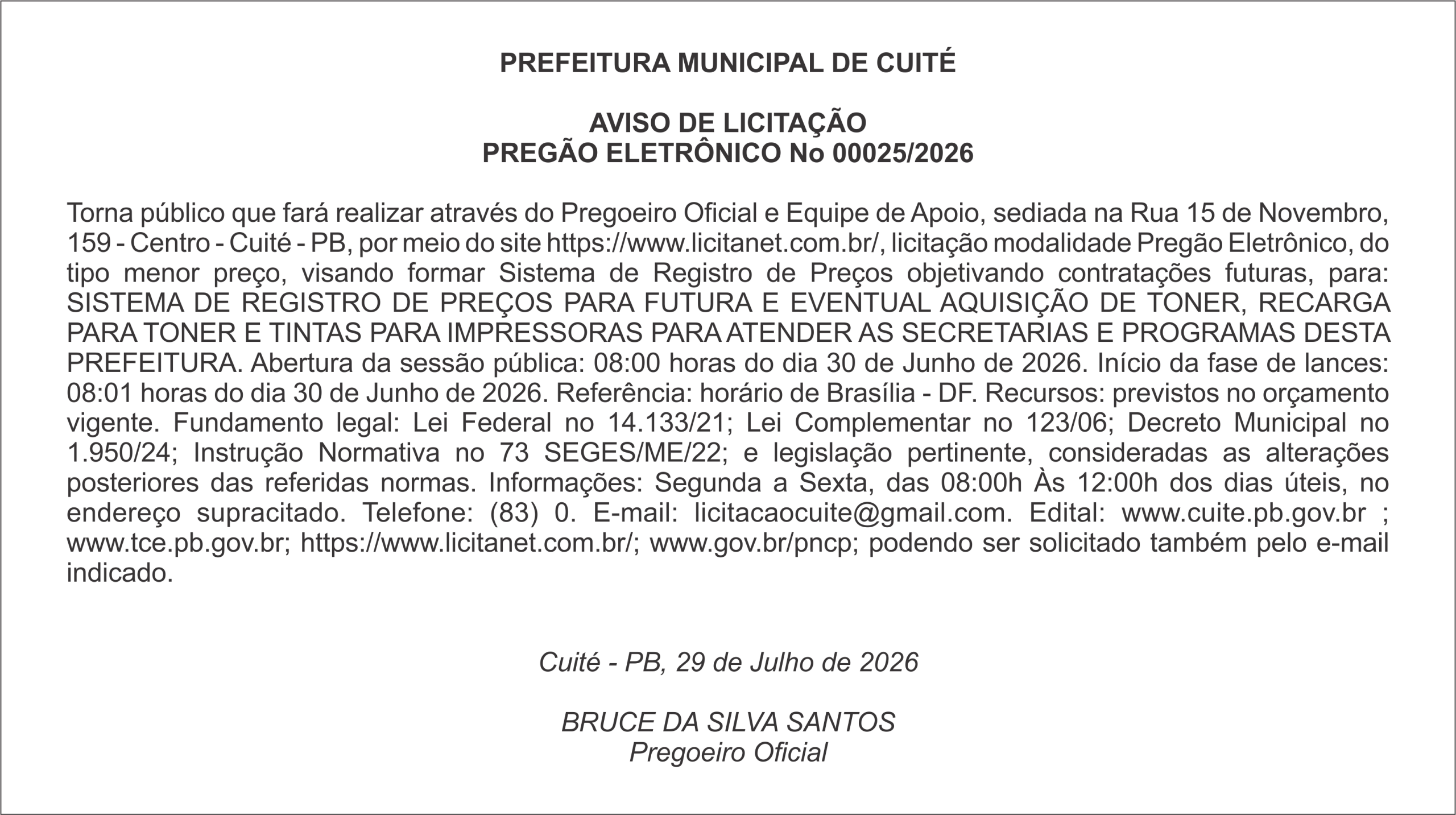 PREFEITURA MUNICIPAL DE CUITÉ – AVISO DE LICITAÇÃO PREGÃO ELETRÔNICO No 00025/2026