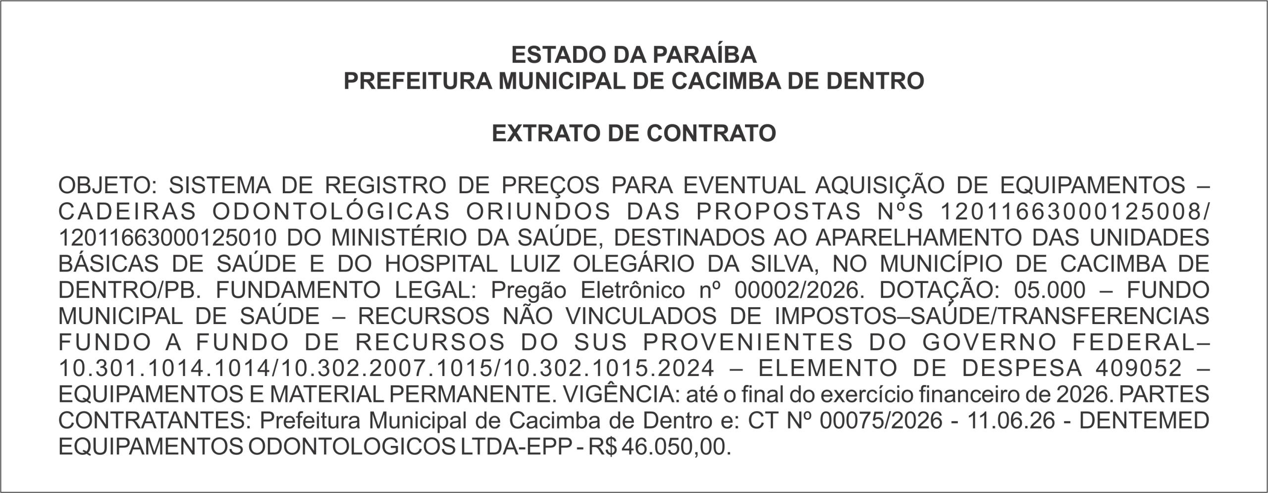 PREFEITURA MUNICIPAL DE CACIMBA DE DENTRO – EXTRATO DE CONTRATO