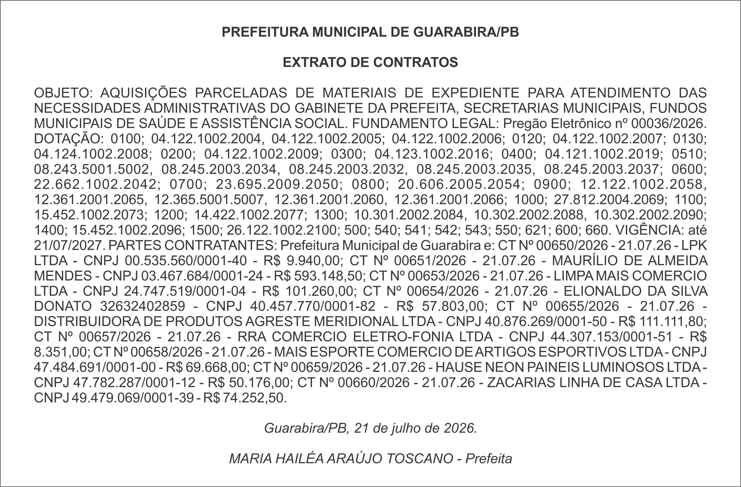 PREFEITURA MUNICIPAL DE GUARABIRA/PB – EXTRATO DE CONTRATOS