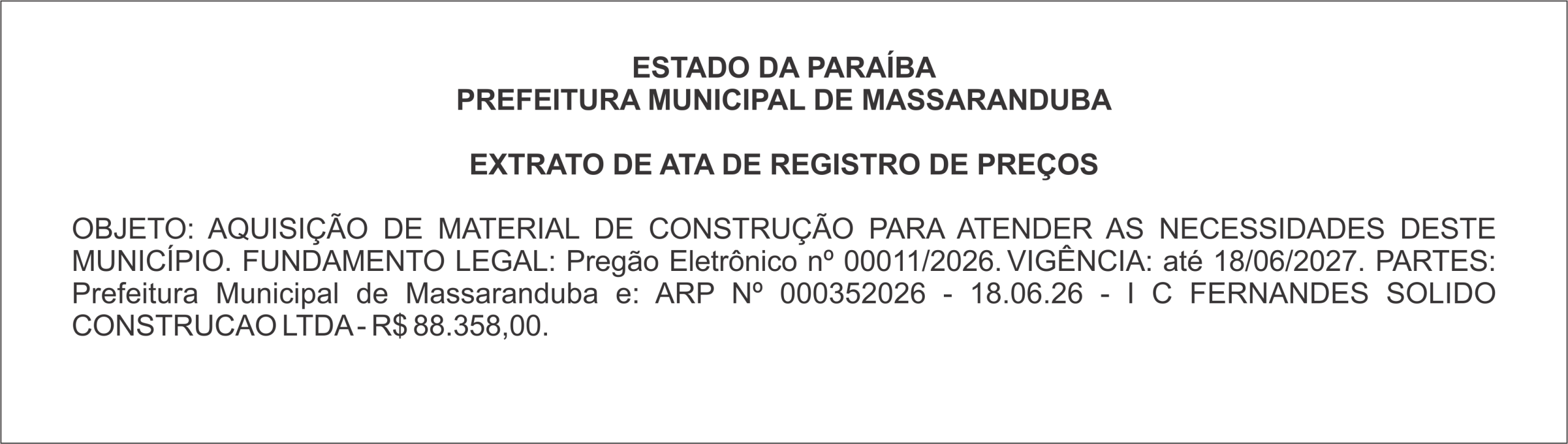 PREFEITURA MUNICIPAL DE MASSARANDUBA – EXTRATO DE ATA DE REGISTRO DE PREÇOS