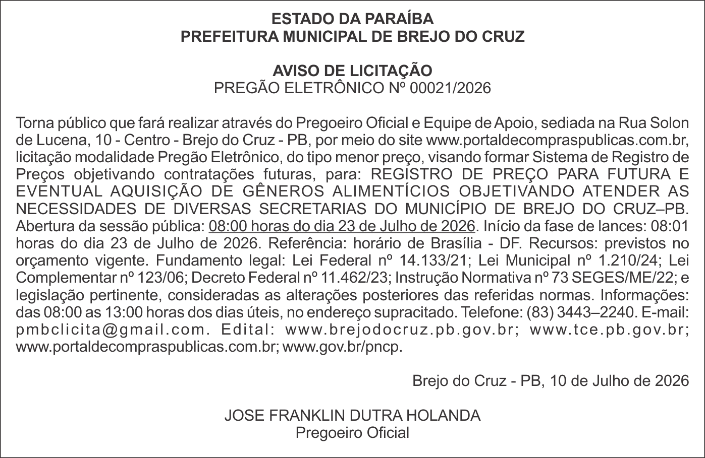 PREFEITURA MUNICIPAL DE BREJO DO CRUZ – AVISO DE LICITAÇÃO – PREGÃO ELETRÔNICO Nº 00021/2026