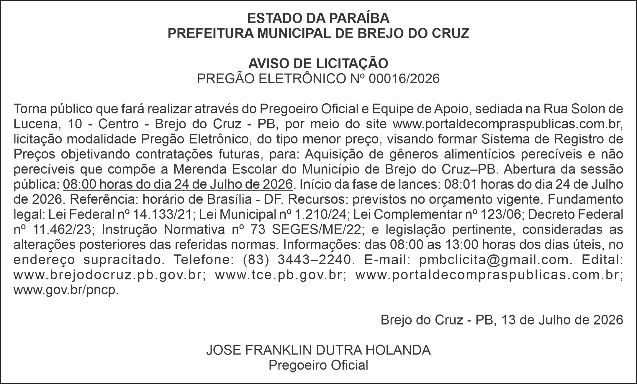PREFEITURA MUNICIPAL DE BREJO DO CRUZ – AVISO DE LICITAÇÃO – PREGÃO ELETRÔNICO Nº 00016/2026