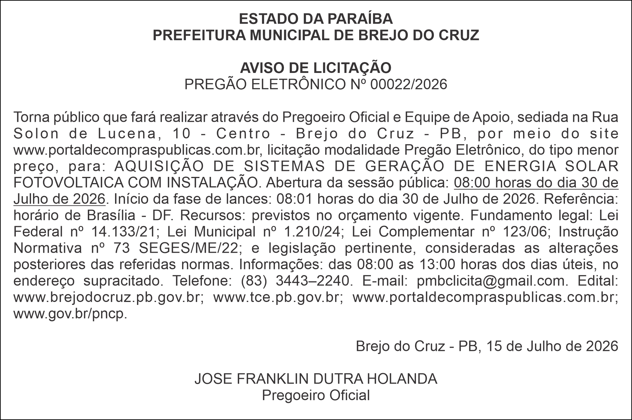 PREFEITURA MUNICIPAL DE BREJO DO CRUZ – AVISO DE LICITAÇÃO – PREGÃO ELETRÔNICO Nº 00022/2026