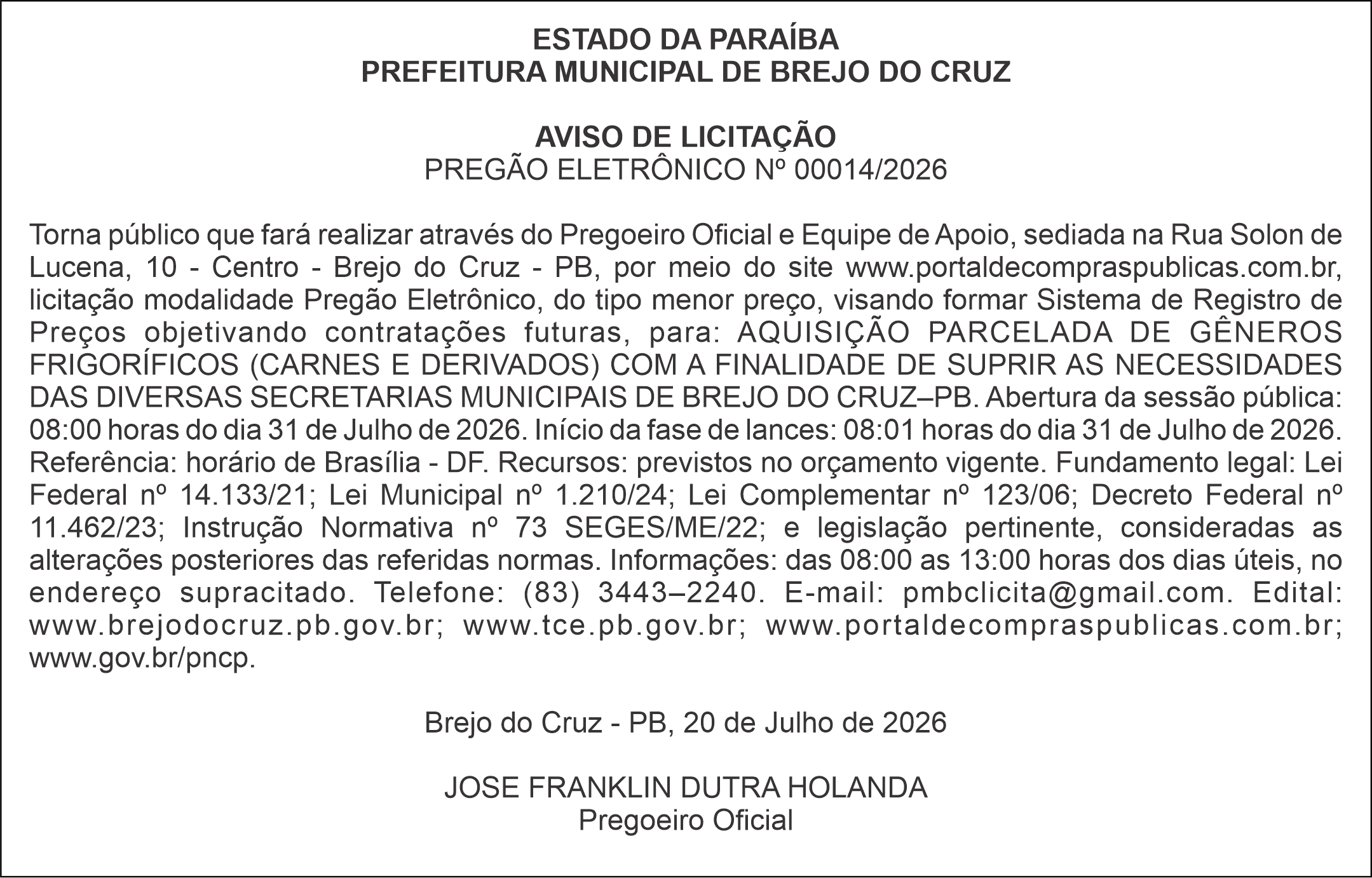 PREFEITURA MUNICIPAL DE BREJO DO CRUZ – AVISO DE LICITAÇÃO – PREGÃO ELETRÔNICO Nº 00014/2026