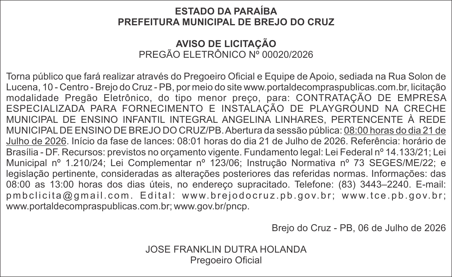 PREFEITURA MUNICIPAL DE BREJO DO CRUZ – AVISO DE LICITAÇÃO – PREGÃO ELETRÔNICO Nº 00020/2026