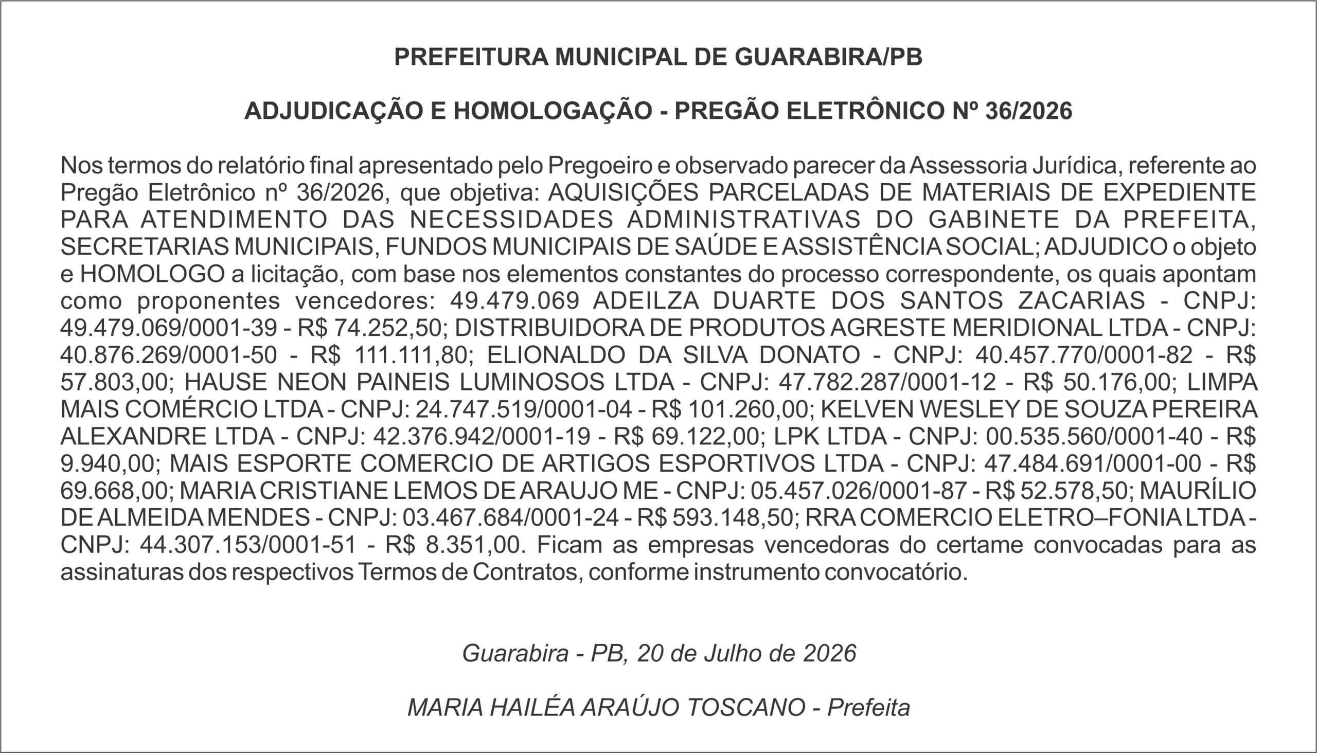 PREFEITURA MUNICIPAL DE GUARABIRA/PB – ADJUDICAÇÃO E HOMOLOGAÇÃO – PREGÃO ELETRÔNICO Nº 36/2026
