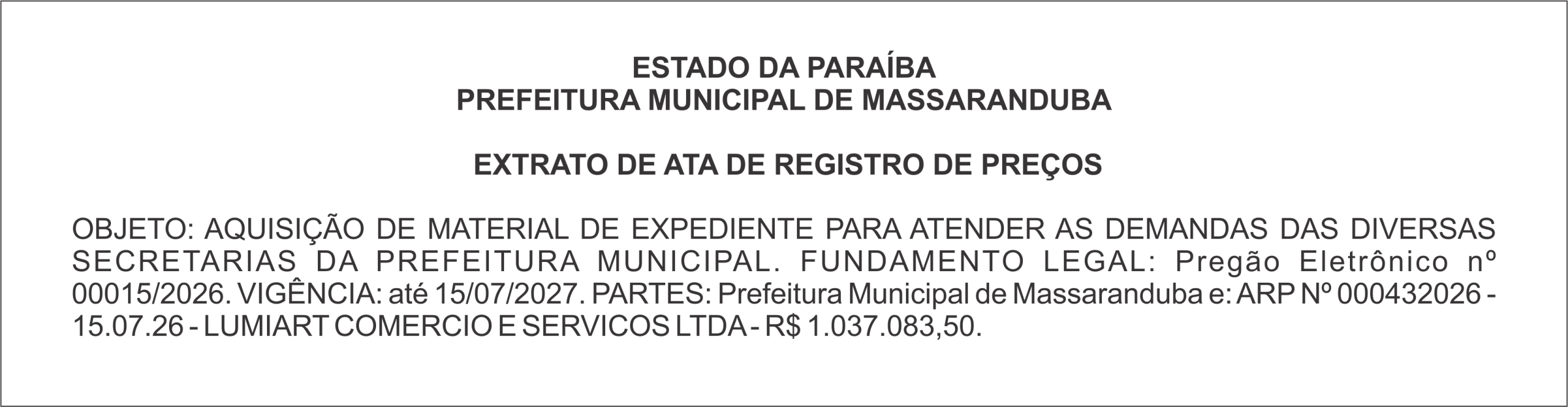 PREFEITURA MUNICIPAL DE MASSARANDUBA – EXTRATO DE ATA DE REGISTRO DE PREÇOS