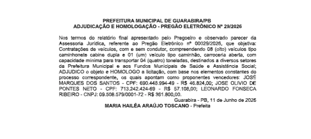 PREFEITURA MUNICIPAL DE GUARABIRA/PB – ADJUDICAÇÃO E HOMOLOGAÇÃO – PREGÃO ELETRÔNICO Nº 29/2026