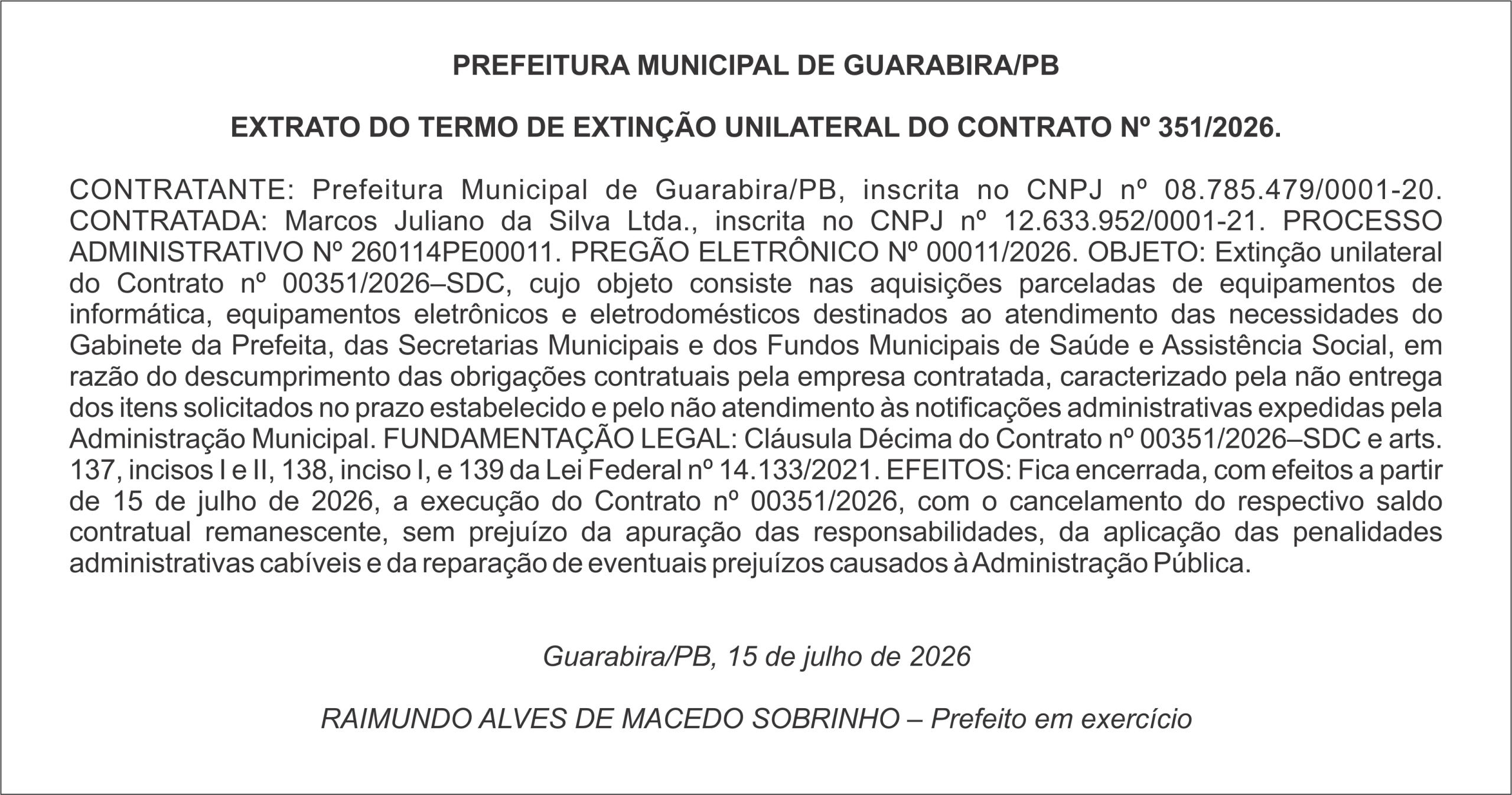 PREFEITURA MUNICIPAL DE GUARABIRA/PB – EXTRATO DO TERMO DE EXTINÇÃO UNILATERAL DO CONTRATO Nº 351/2026