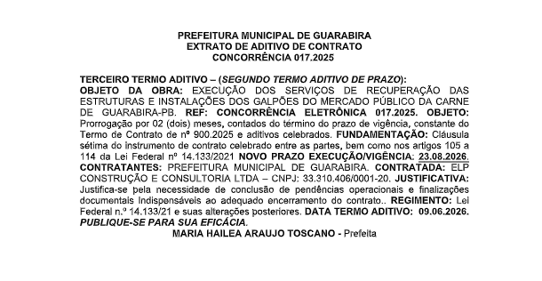 PREFEITURA MUNICIPAL DE GUARABIRA – EXTRATO DE ADITIVO DE CONTRATO CONCORRÊNCIA 017.2025