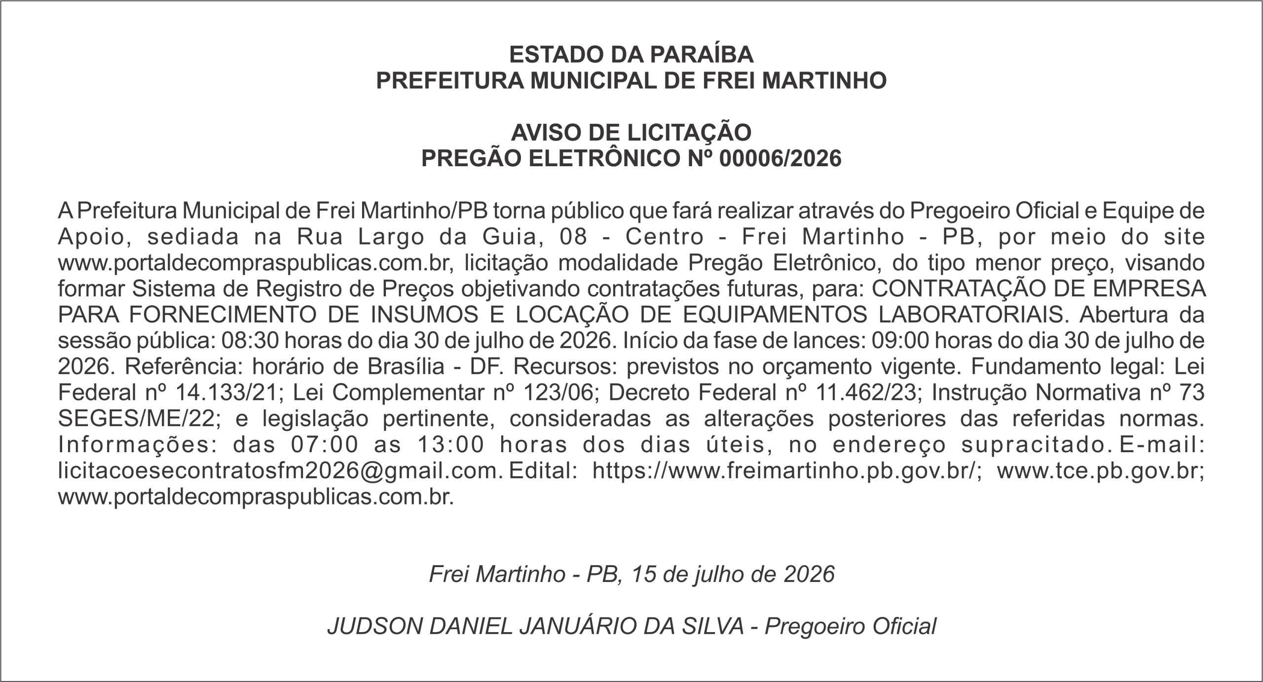 PREFEITURA MUNICIPAL DE FREI MARTINHO – AVISO DE LICITAÇÃO – PREGÃO ELETRÔNICO Nº 00006/2026