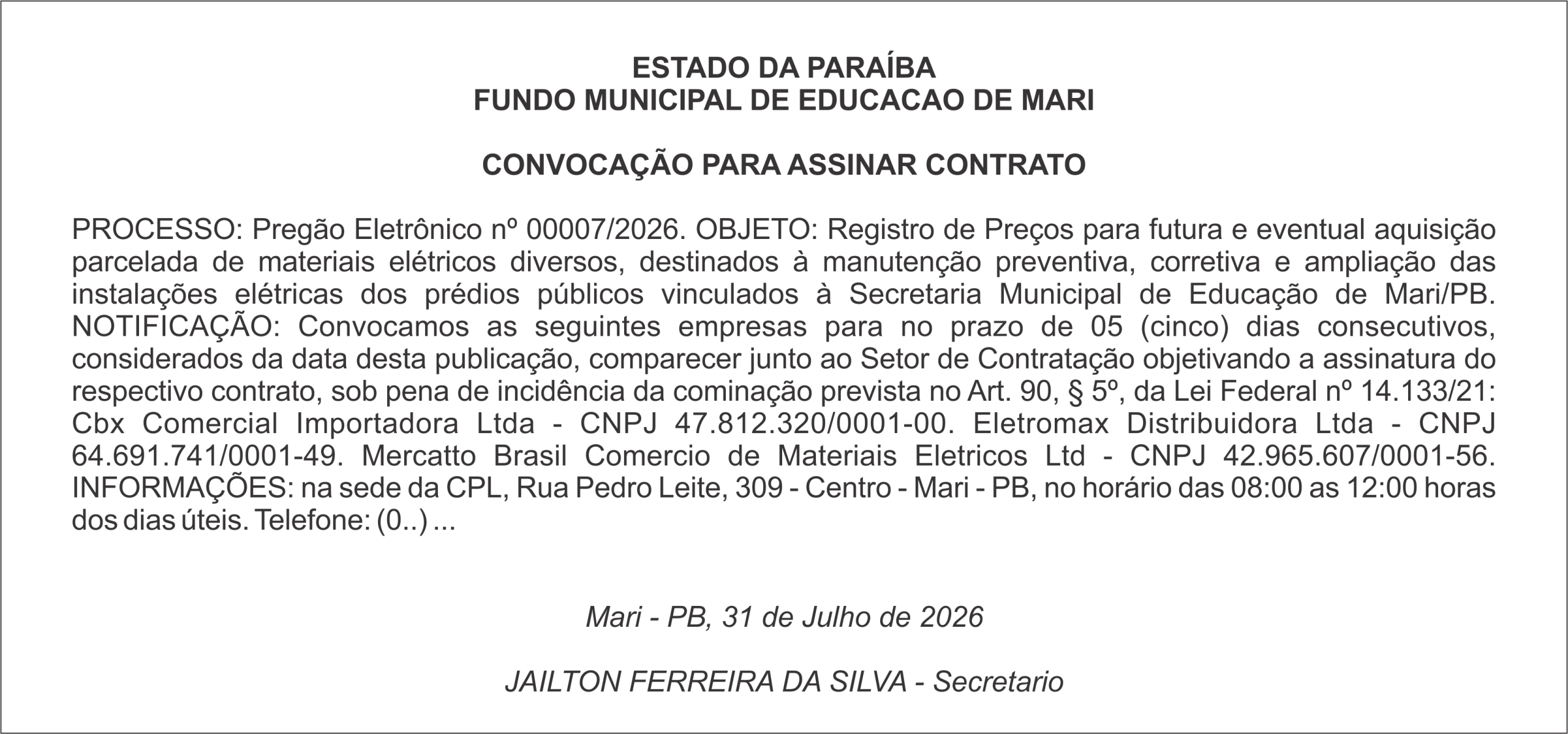 FUNDO MUNICIPAL DE EDUCACAO DE MARI  – CONVOCAÇÃO PARA ASSINAR CONTRATO
