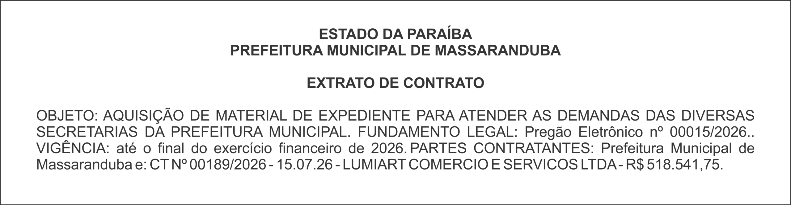 PREFEITURA MUNICIPAL DE MASSARANDUBA – EXTRATO DE CONTRATO