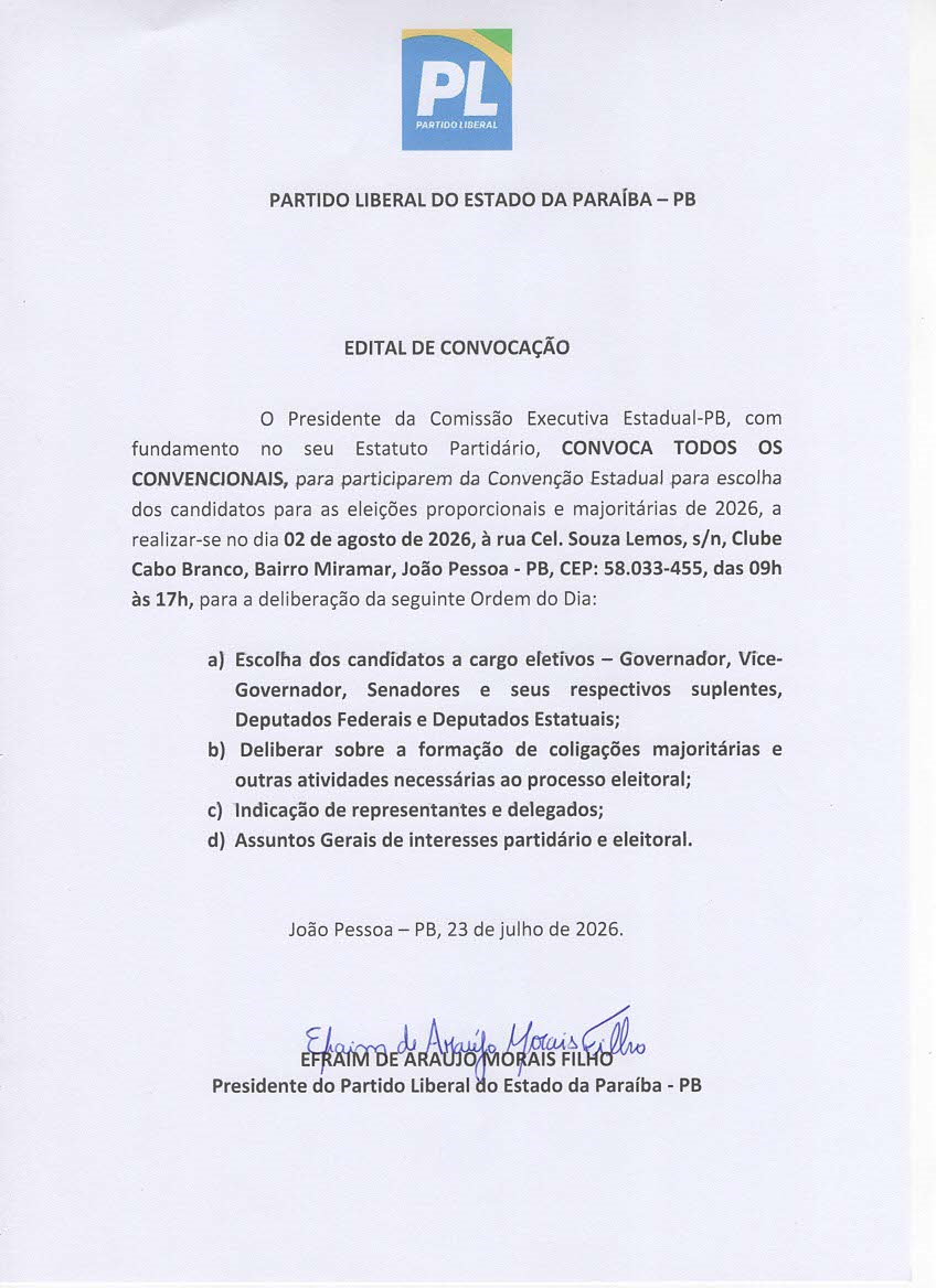 PARTIDO LIBERAL DO ESTADO DA PARAÍBA – EDITAL DE CONVOCAÇÃO