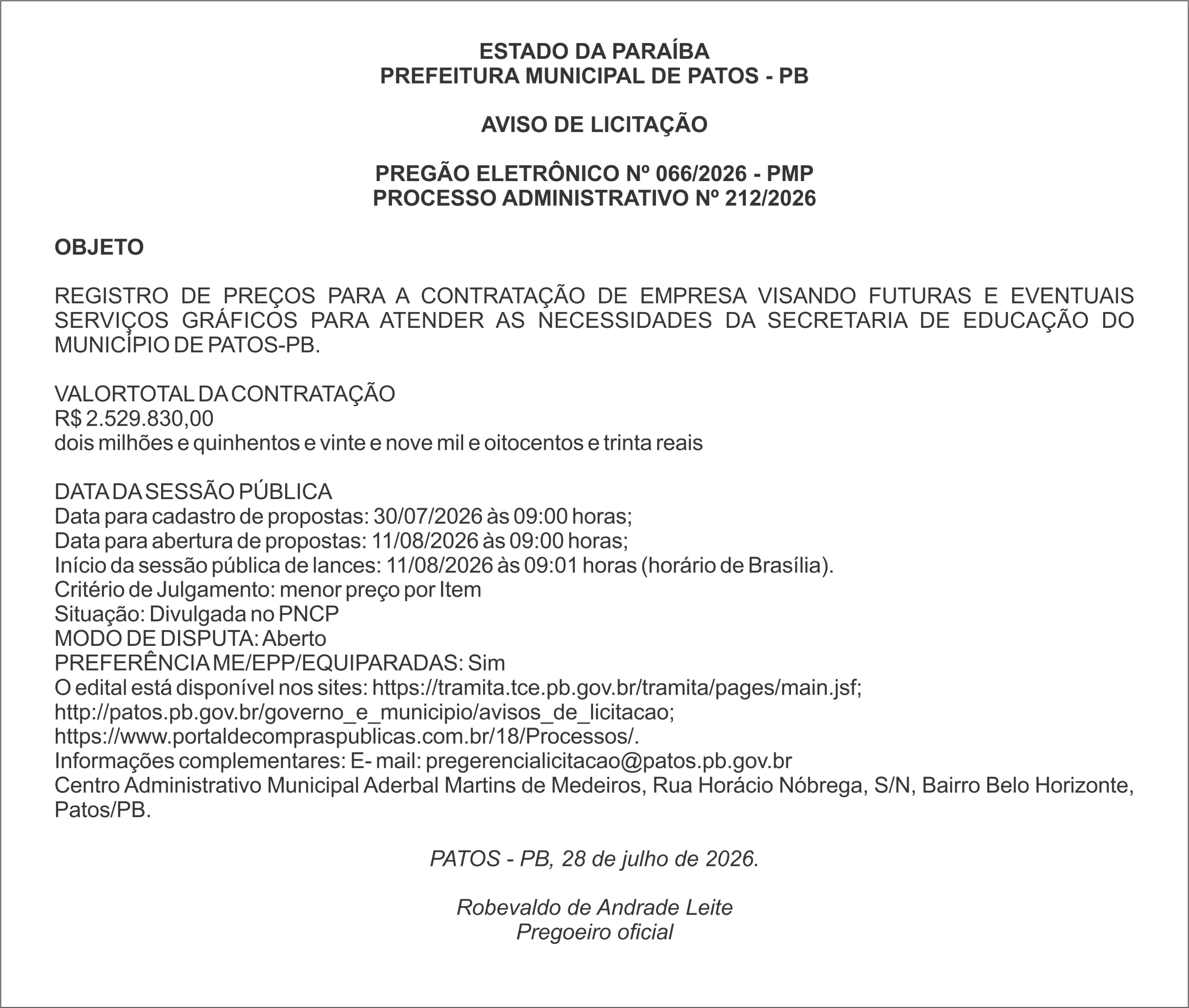 PREFEITURA MUNICIPAL DE PATOS – PB – PREGÃO ELETRÔNICO Nº 066/2026 – PMP