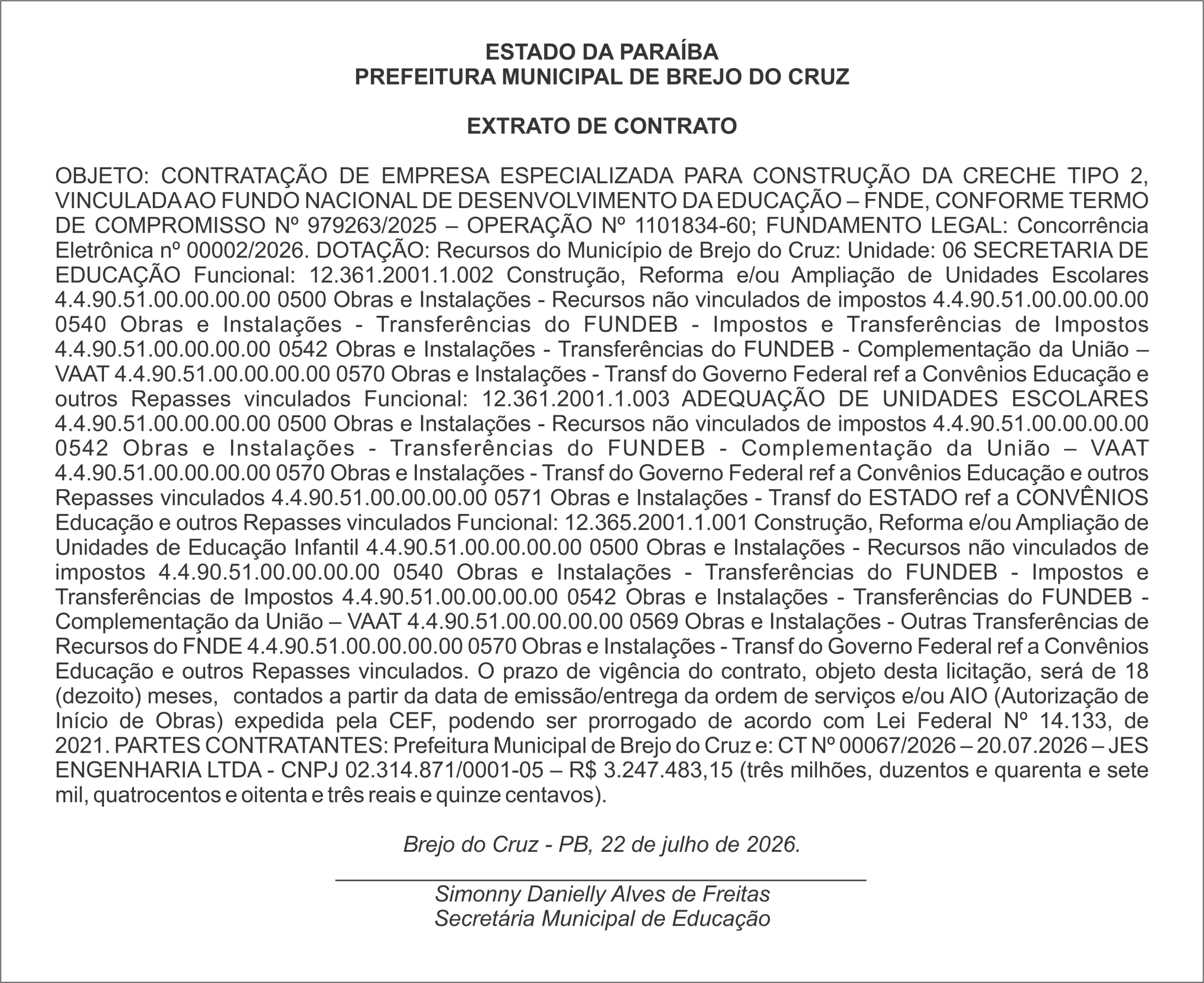 PREFEITURA MUNICIPAL DE BREJO DO CRUZ – EXTRATO DE CONTRATO