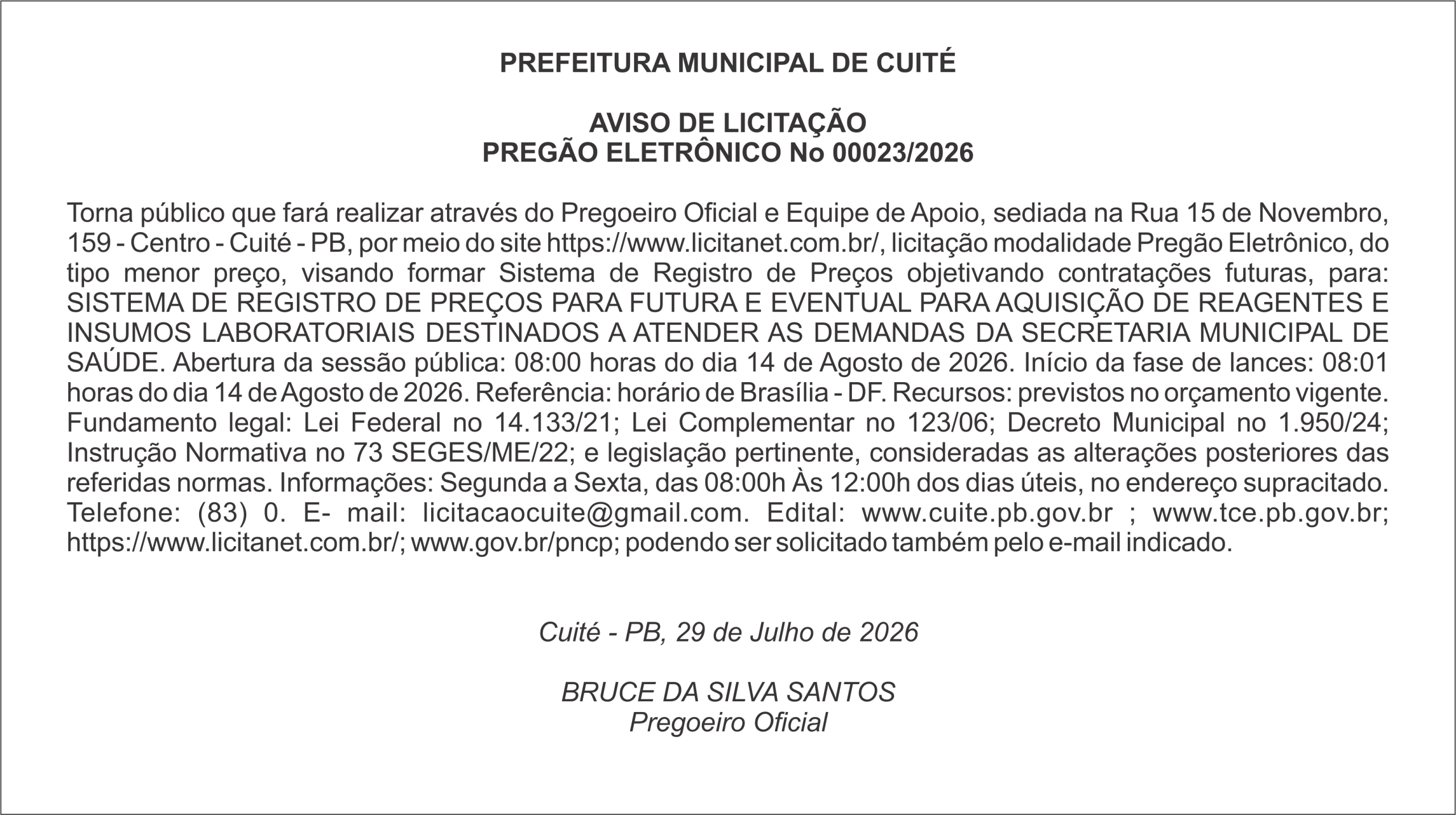 PREFEITURA MUNICIPAL DE CUITÉ – AVISO DE LICITAÇÃO PREGÃO ELETRÔNICO No 00023/2026