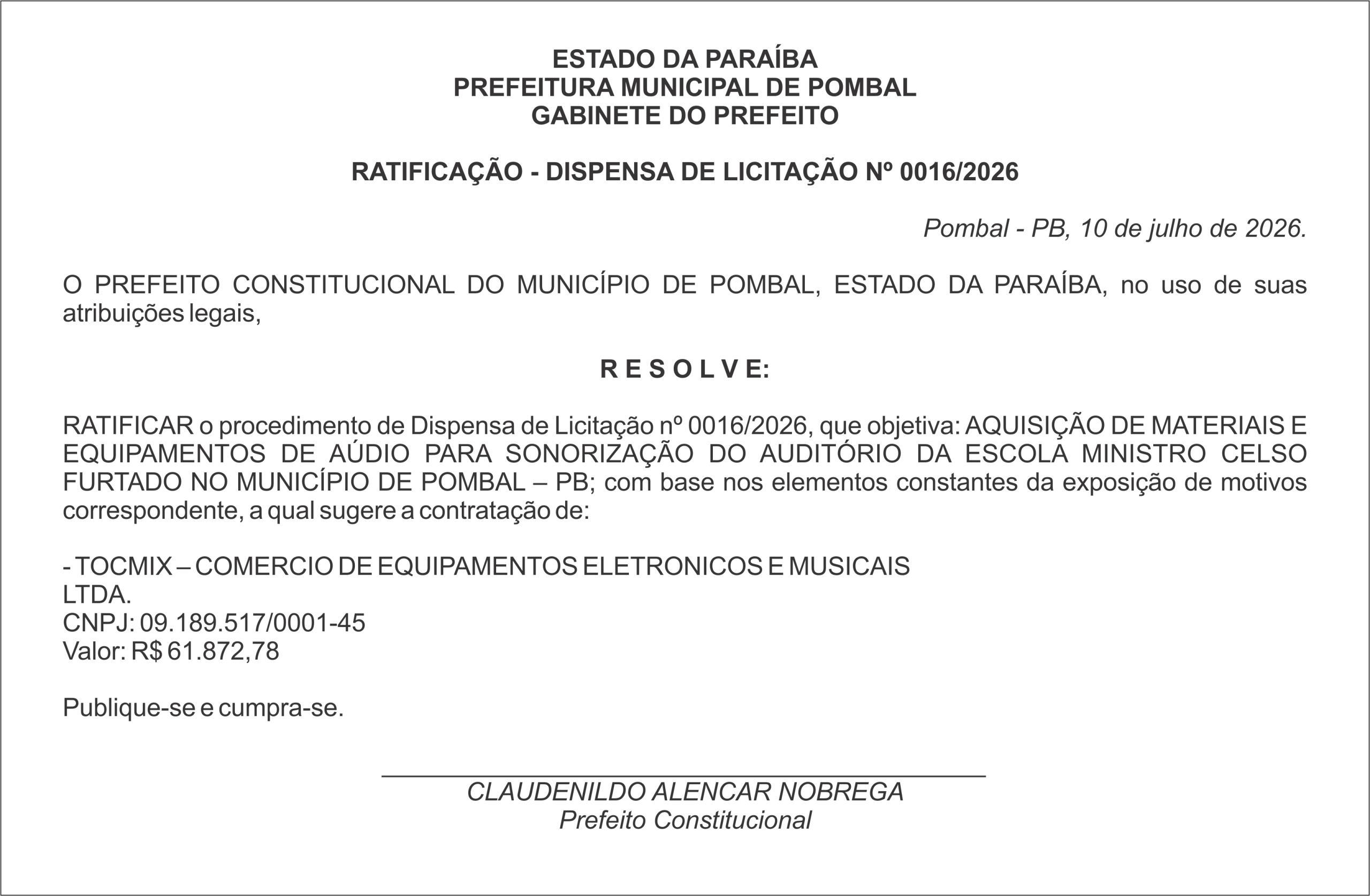 PREFEITURA MUNICIPAL DE POMBAL – RATIFICAÇÃO – DISPENSA DE LICITAÇÃO Nº 0016/2026