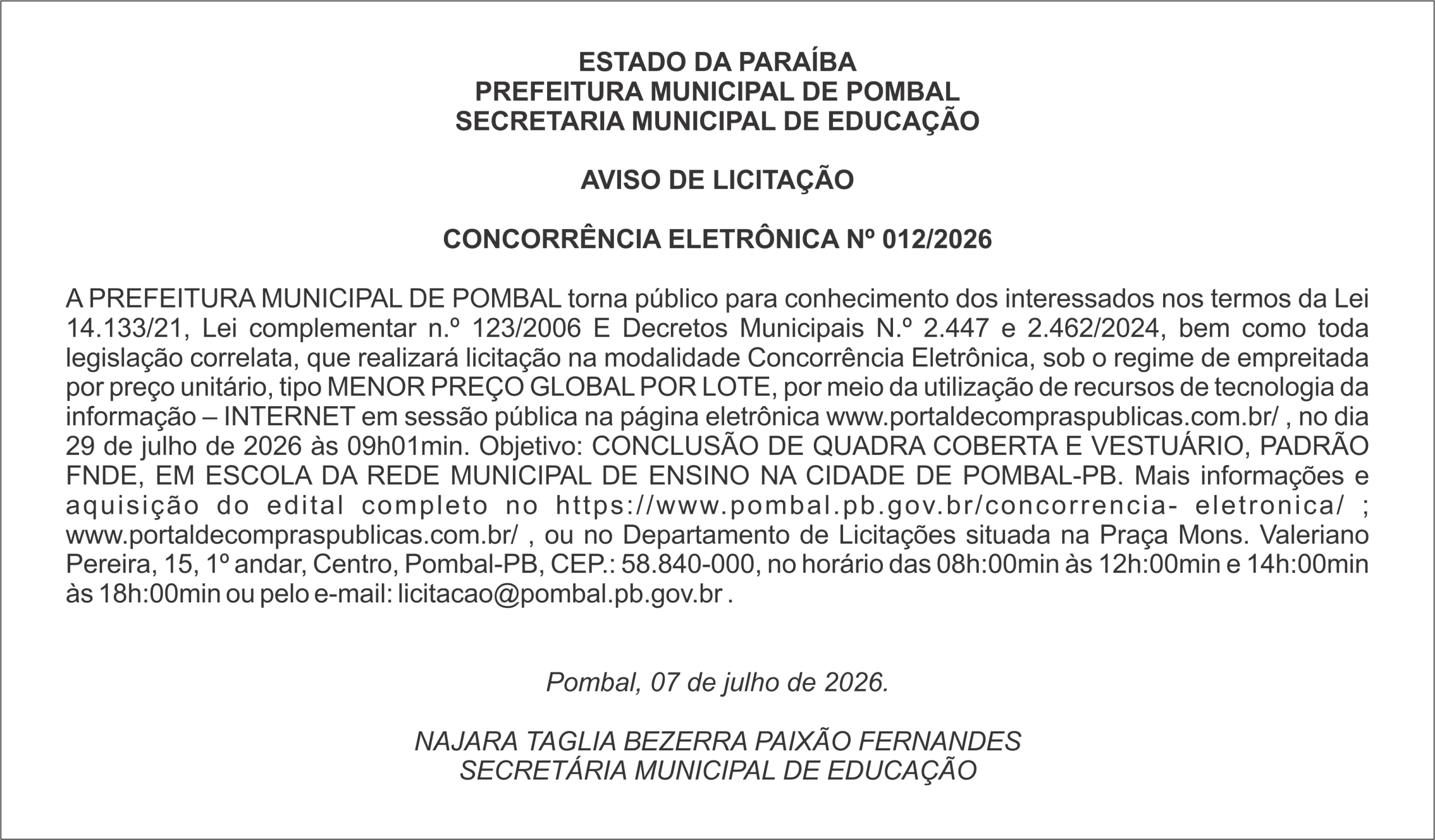 PREFEITURA MUNICIPAL DE POMBAL – AVISO DE LICITAÇÃO – CONCORRÊNCIA ELETRÔNICA Nº 012/2026